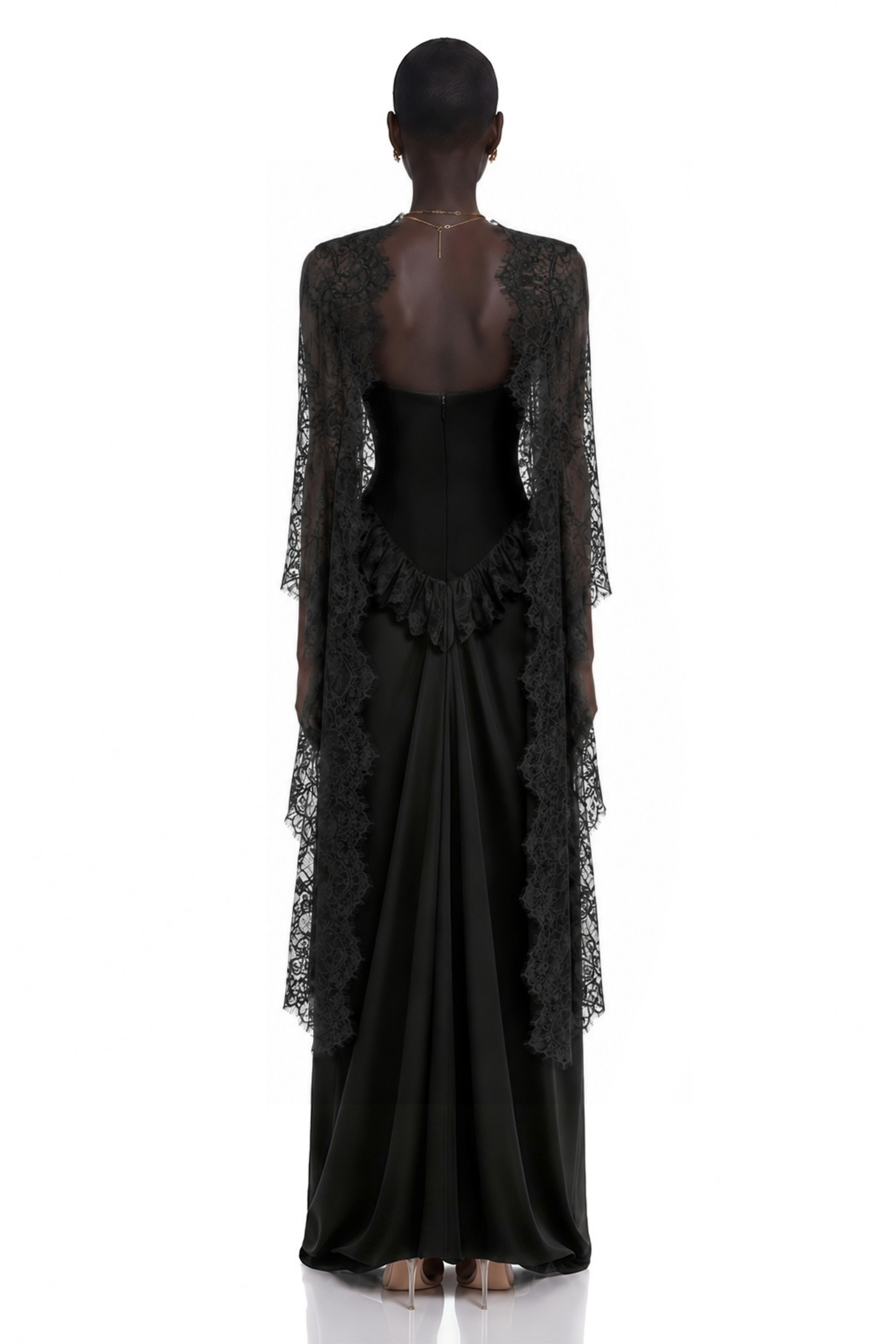 Seraphina Black Floral Lace Maxi Dress with Cape