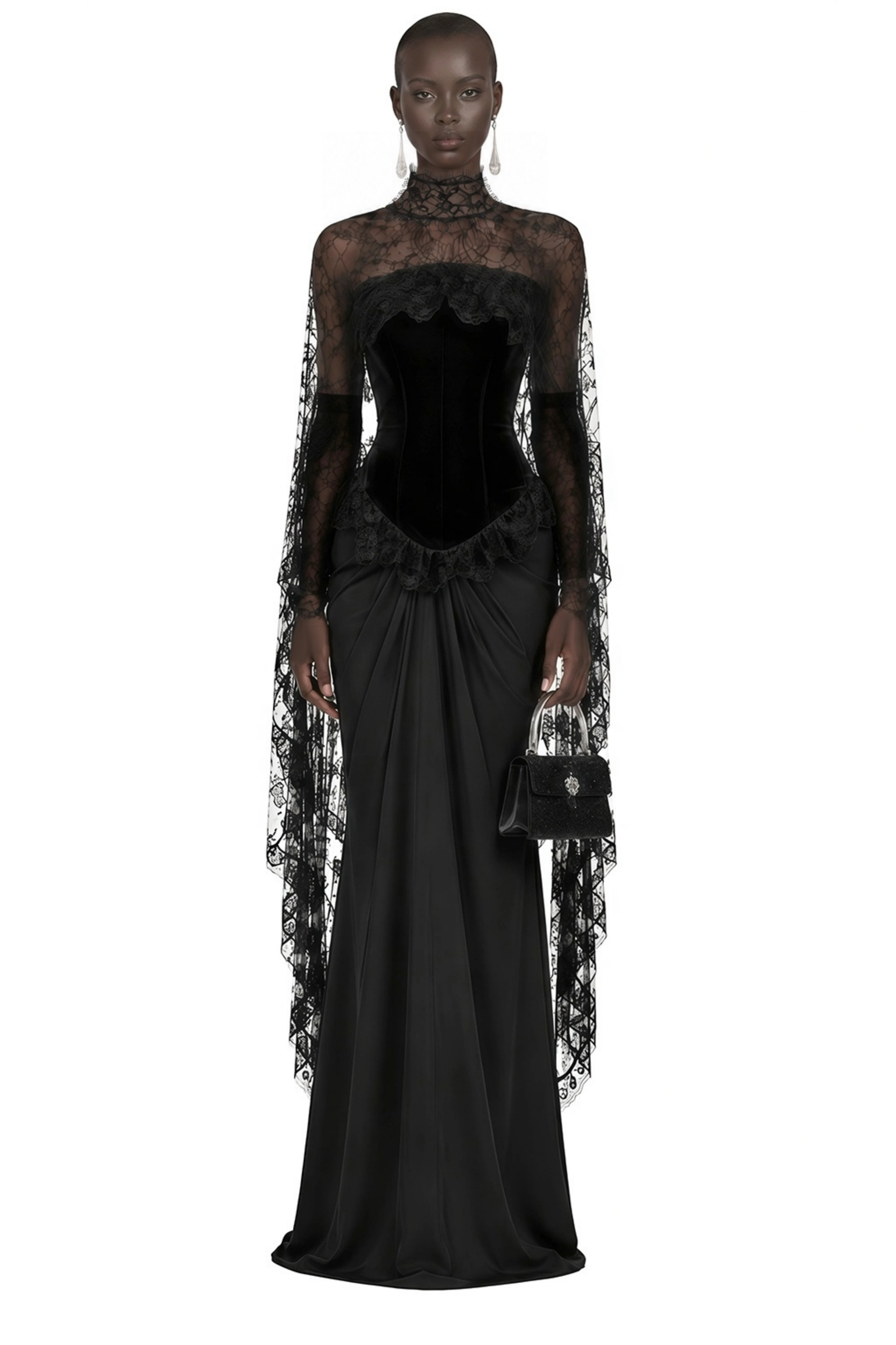 Seraphina Black Floral Lace Maxi Dress with Cape