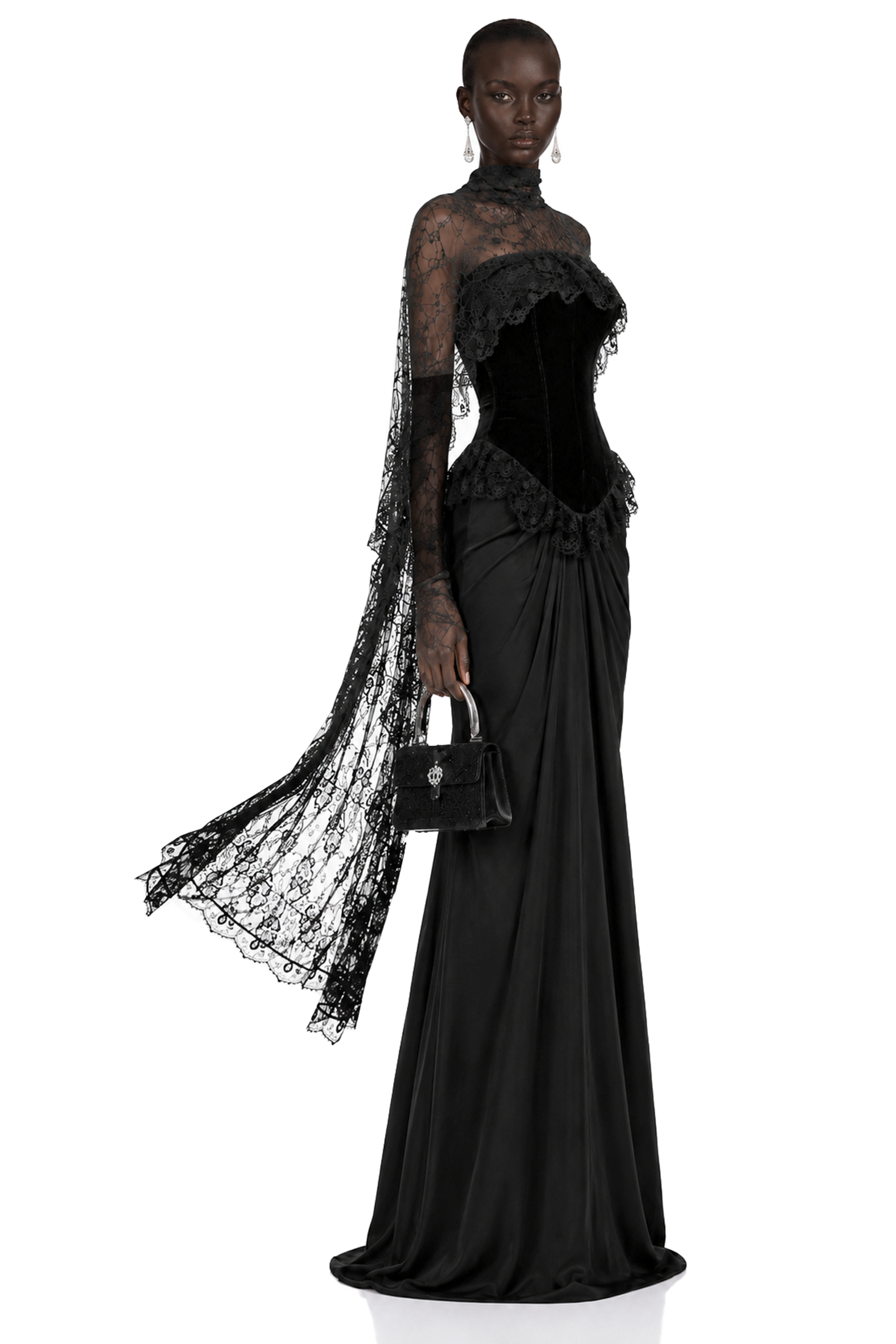 Seraphina Black Floral Lace Maxi Dress with Cape