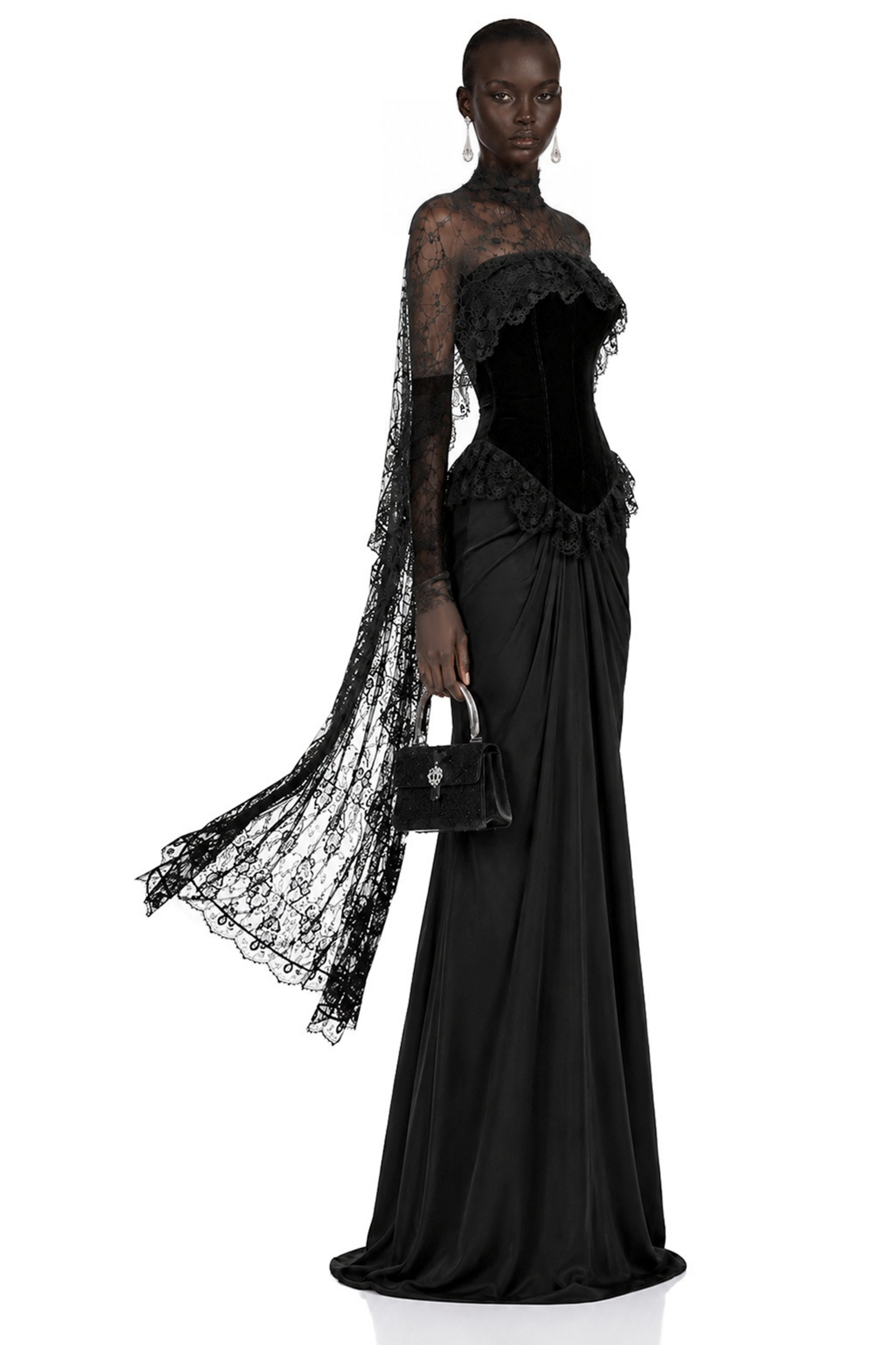Seraphina Black Floral Lace Maxi Dress with Cape