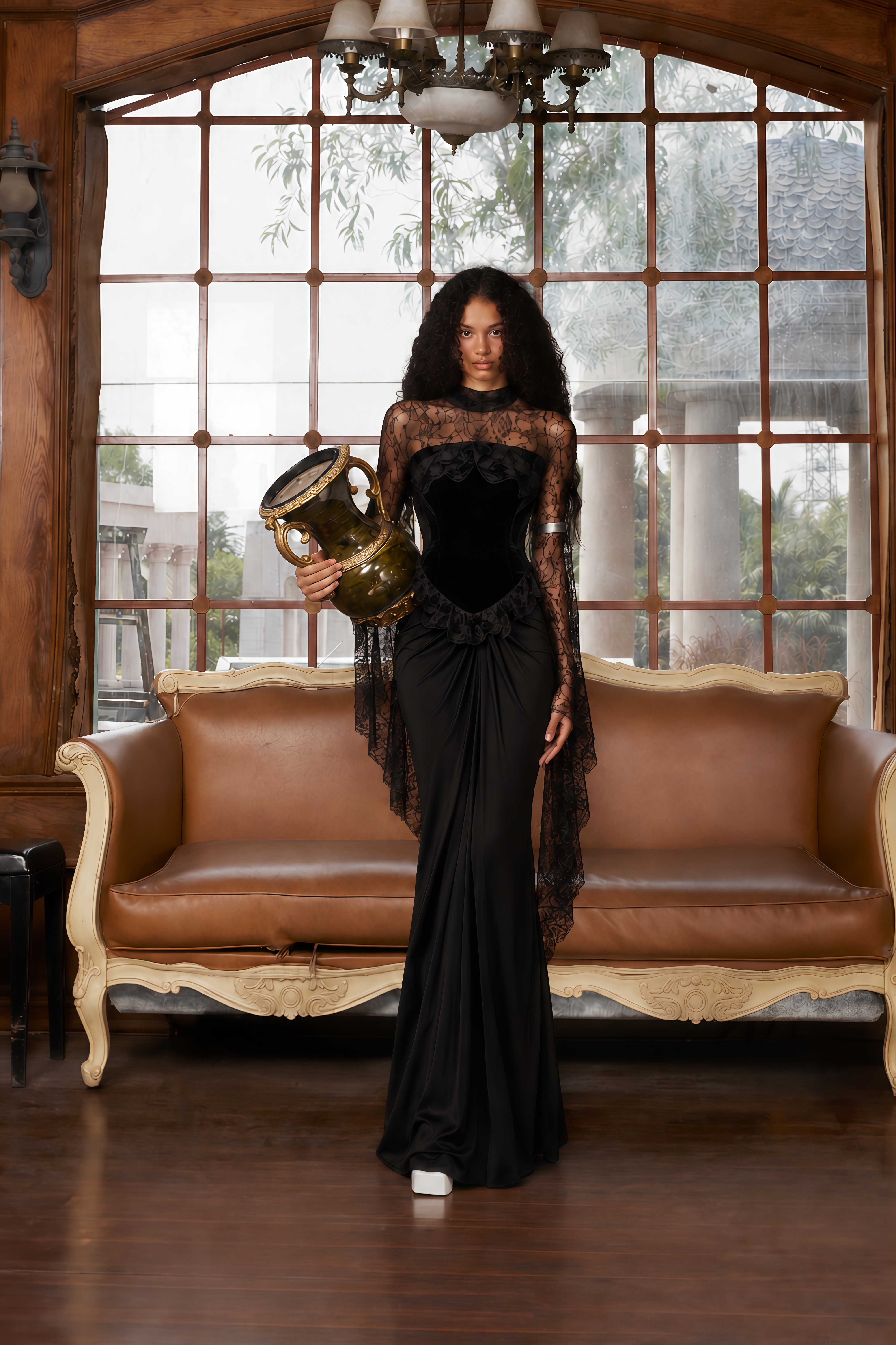 Seraphina Black Floral Lace Maxi Dress with Cape