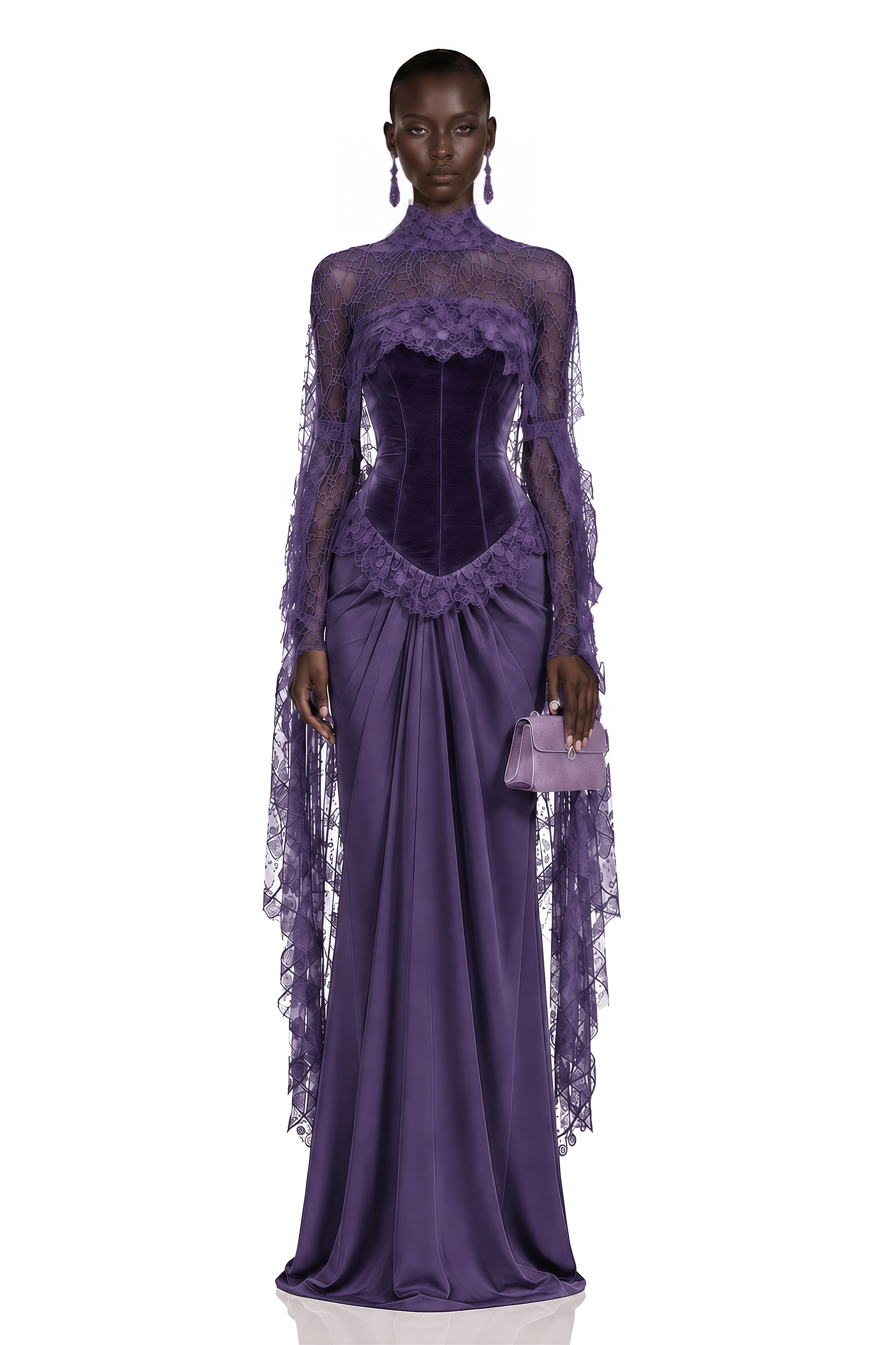 Seraphina Purple Floral Lace Maxi Dress with Cape