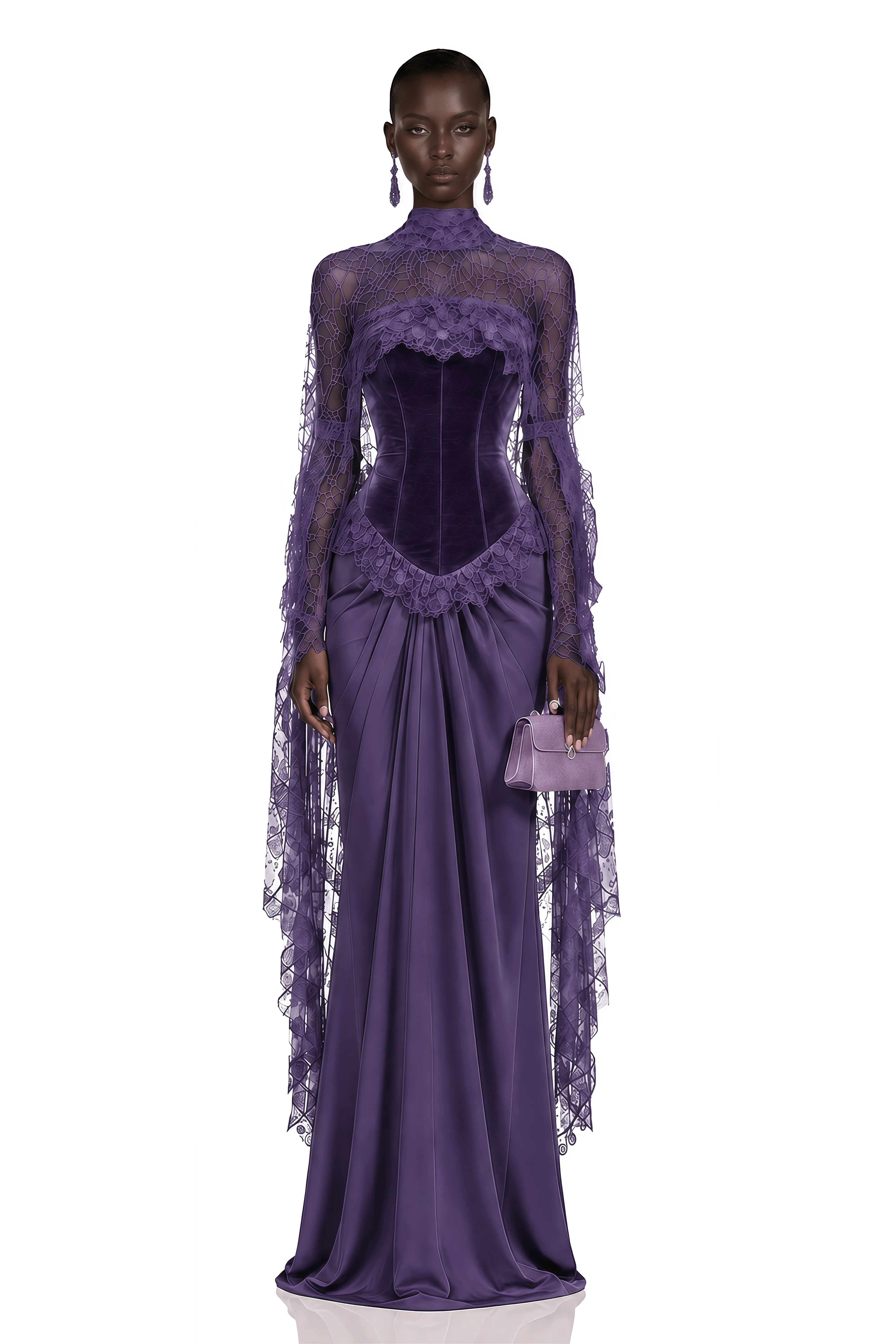 Seraphina Purple Floral Lace Maxi Dress with Cape