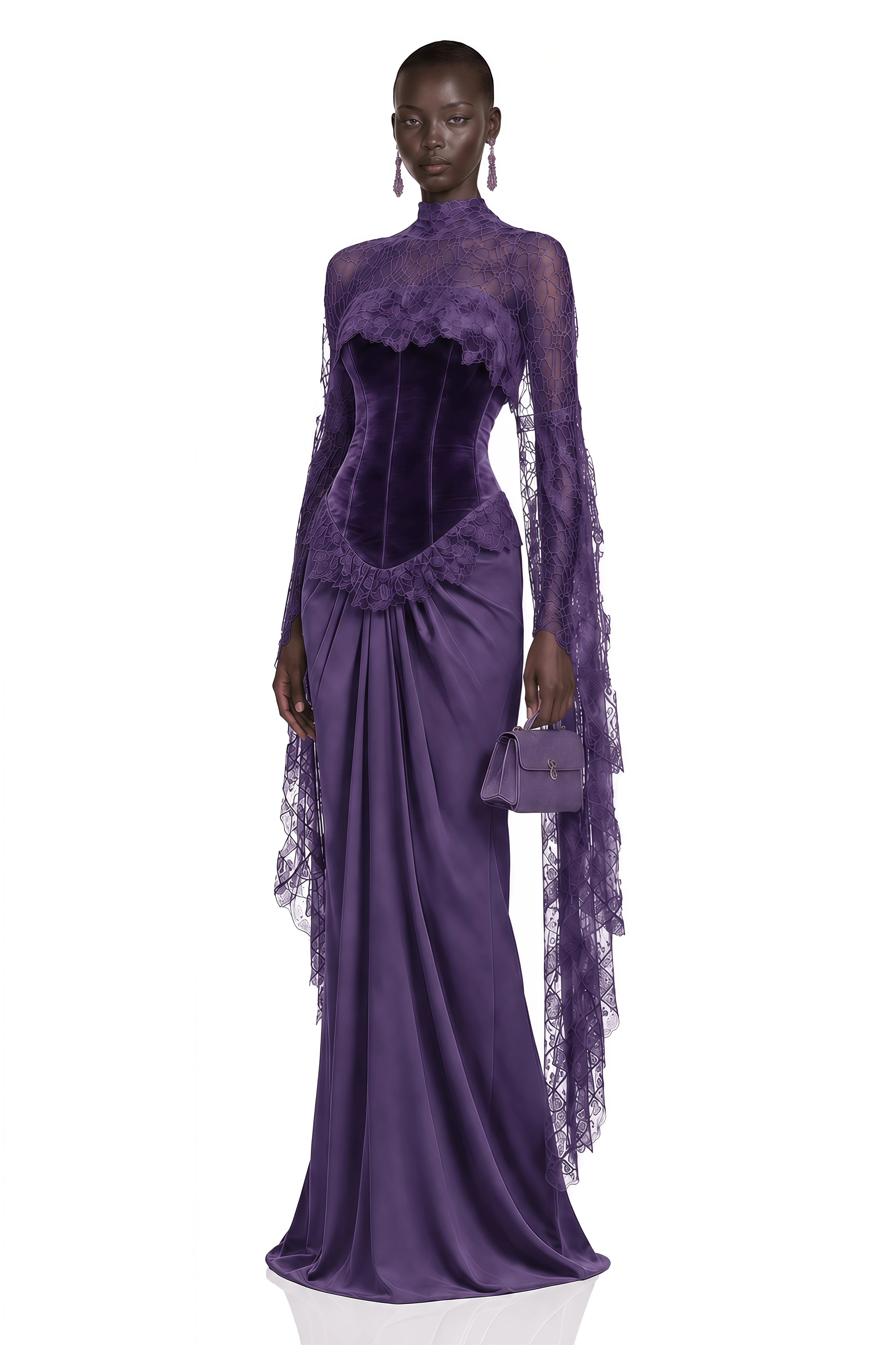 Seraphina Purple Floral Lace Maxi Dress with Cape