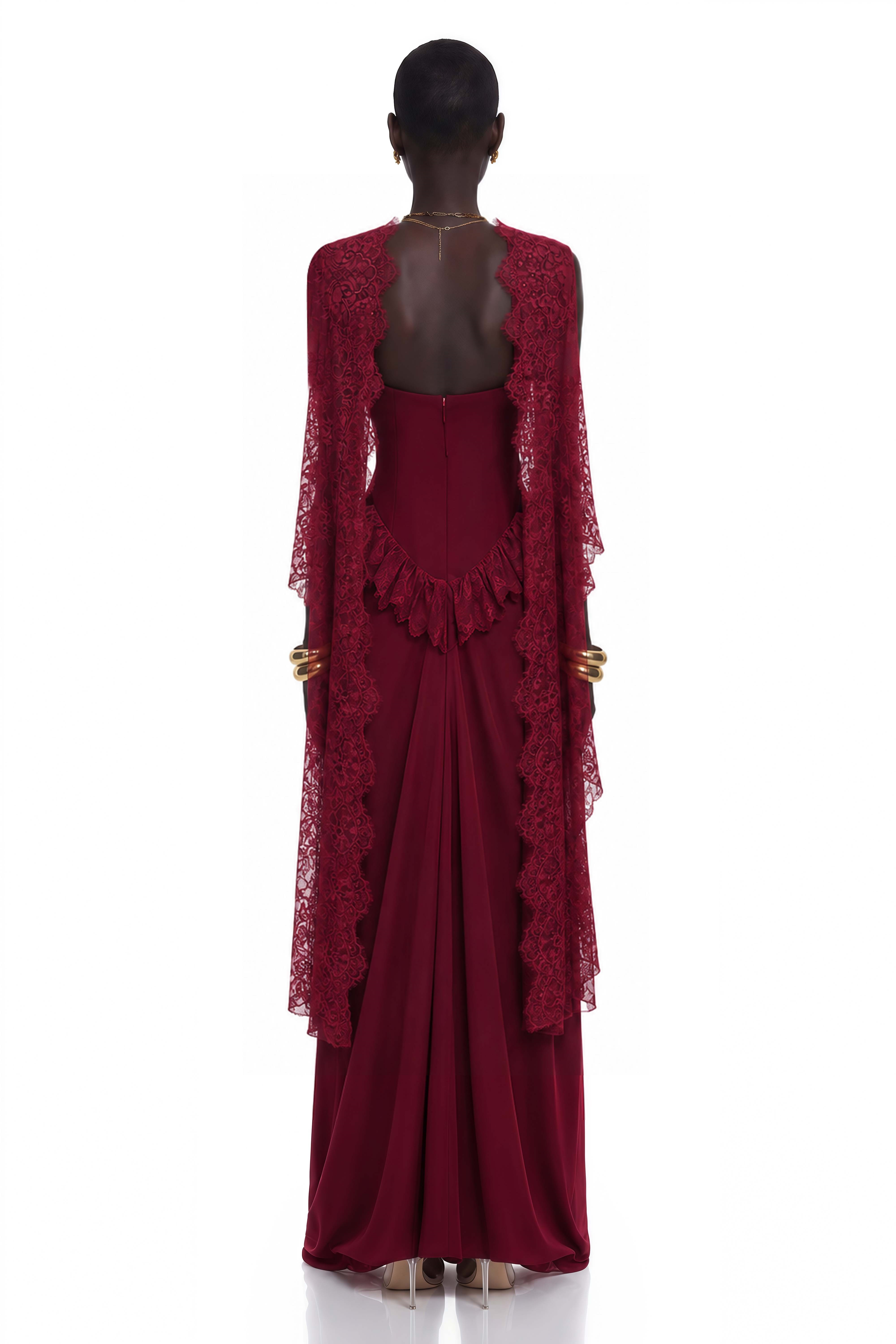 Seraphina Red Floral Lace Maxi Dress with Cape