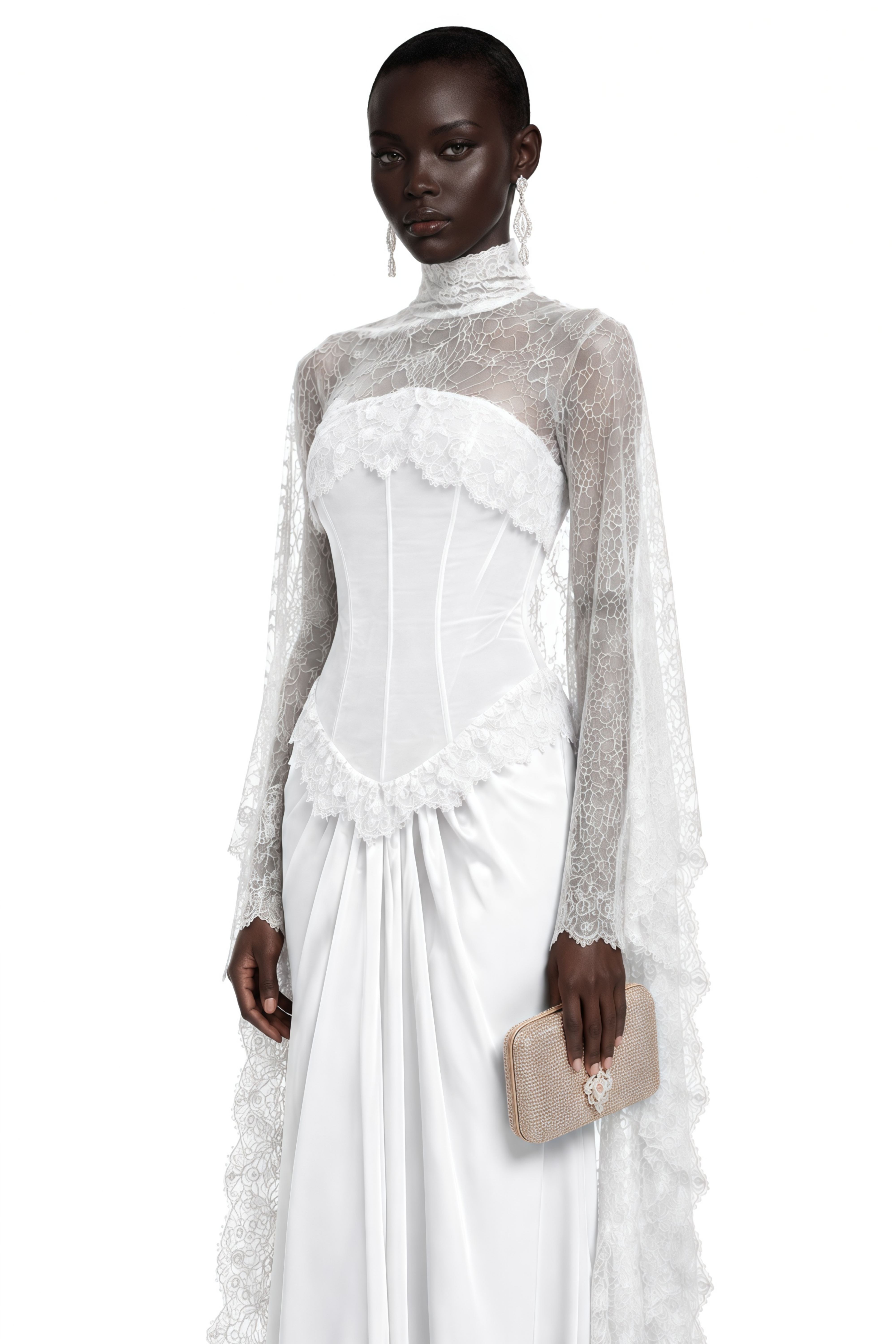 Seraphina White Floral Lace Maxi Dress with Cape