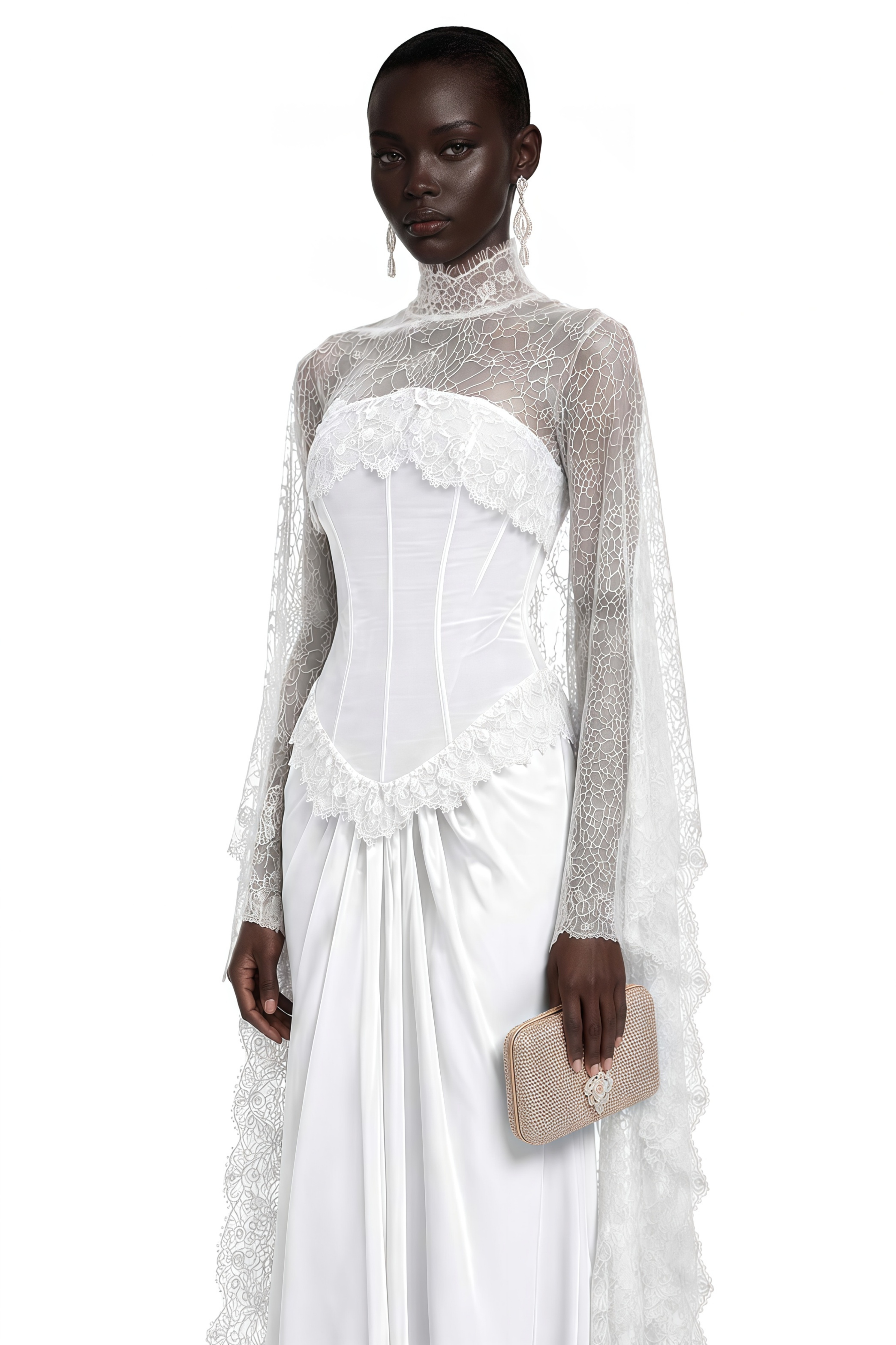 Seraphina White Floral Lace Maxi Dress with Cape