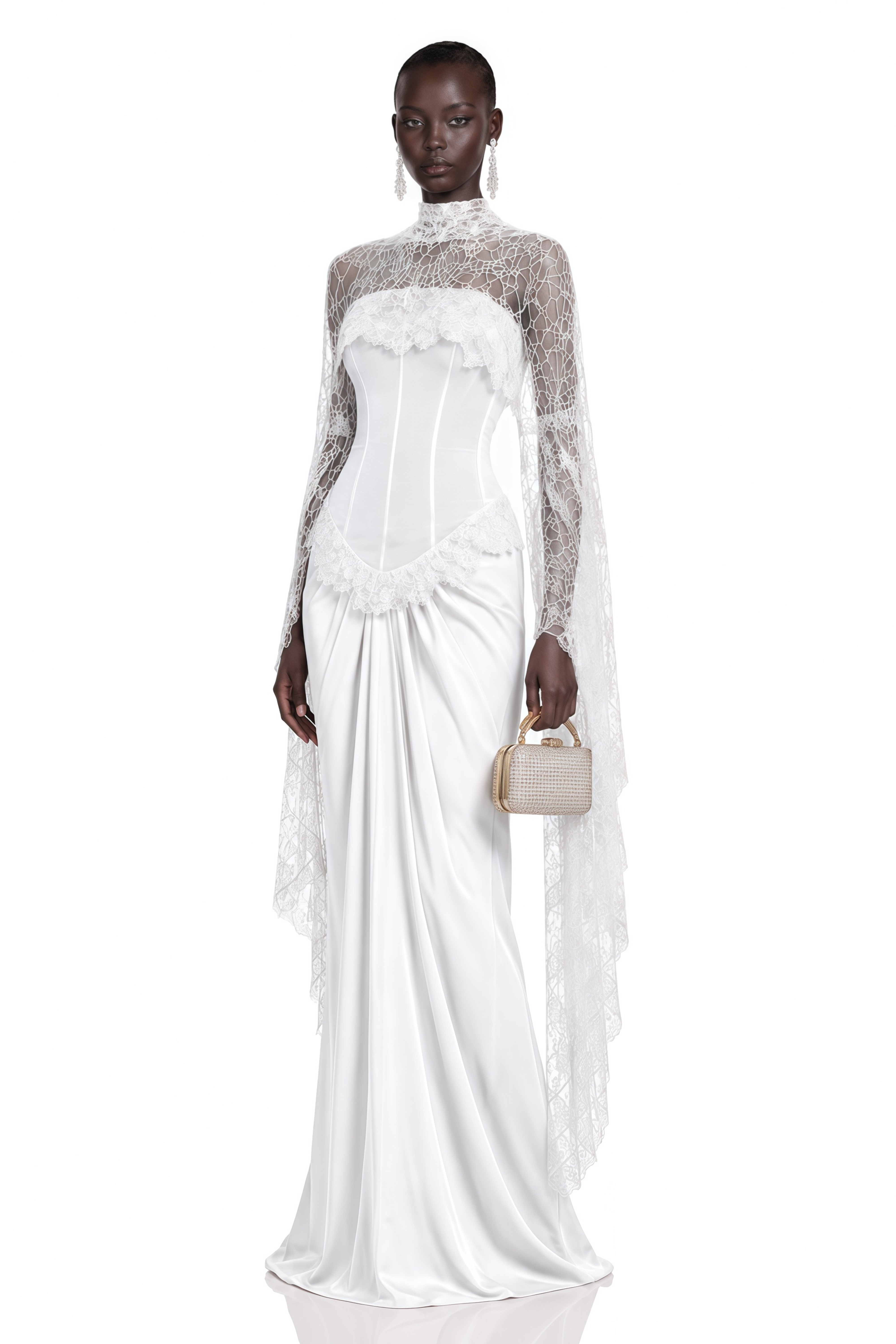 Seraphina White Floral Lace Maxi Dress with Cape