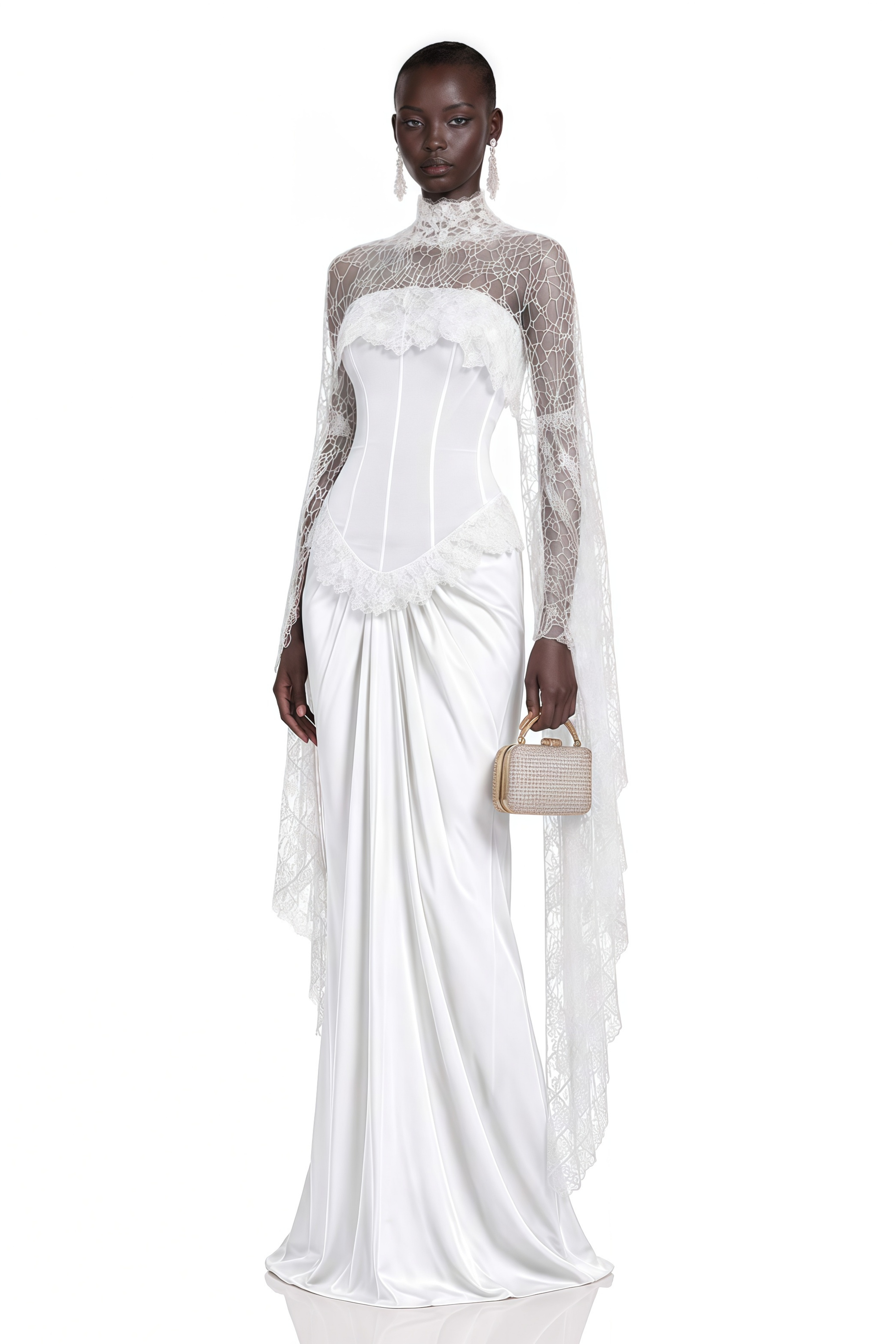 Seraphina White Floral Lace Maxi Dress with Cape