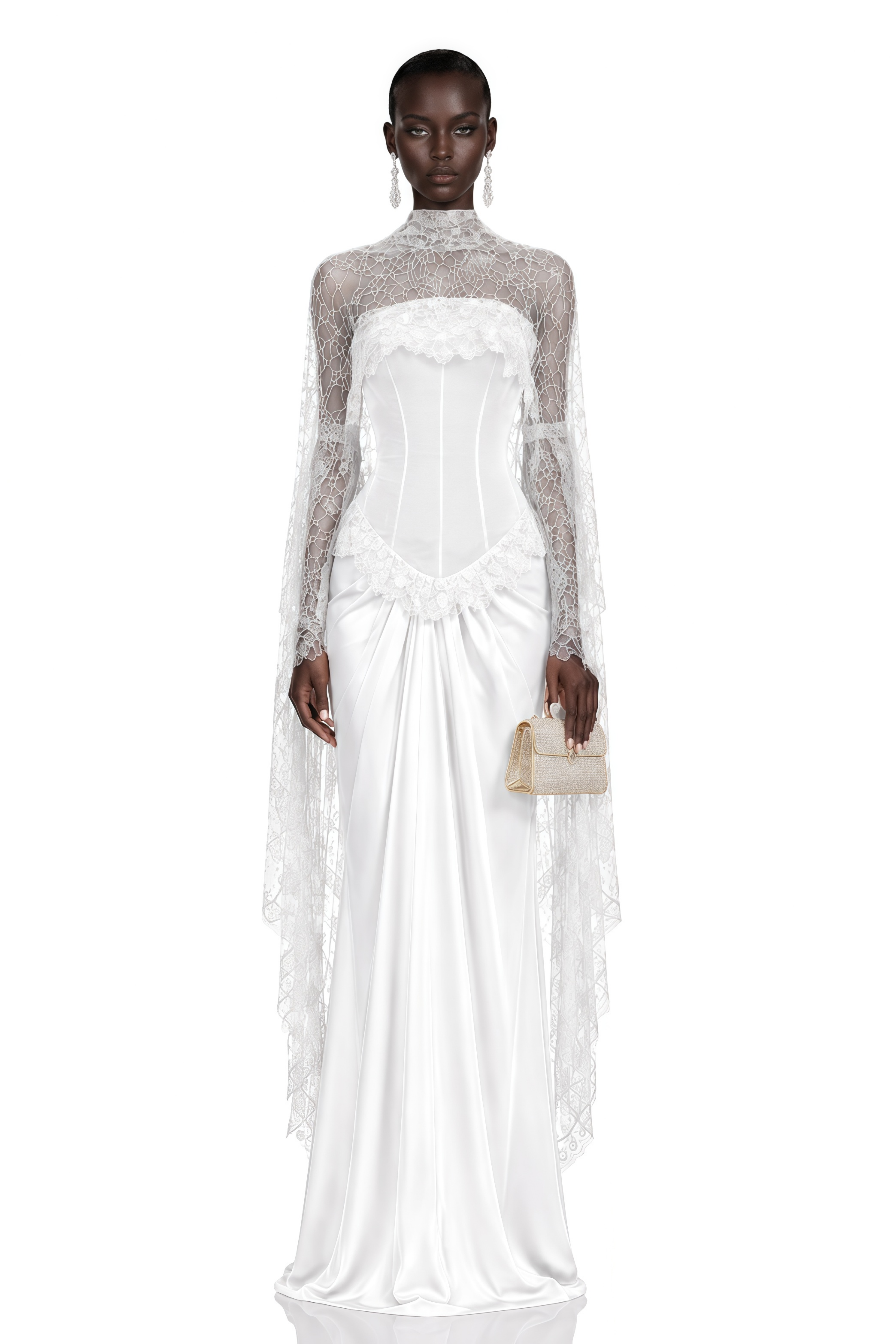 Seraphina White Floral Lace Maxi Dress with Cape