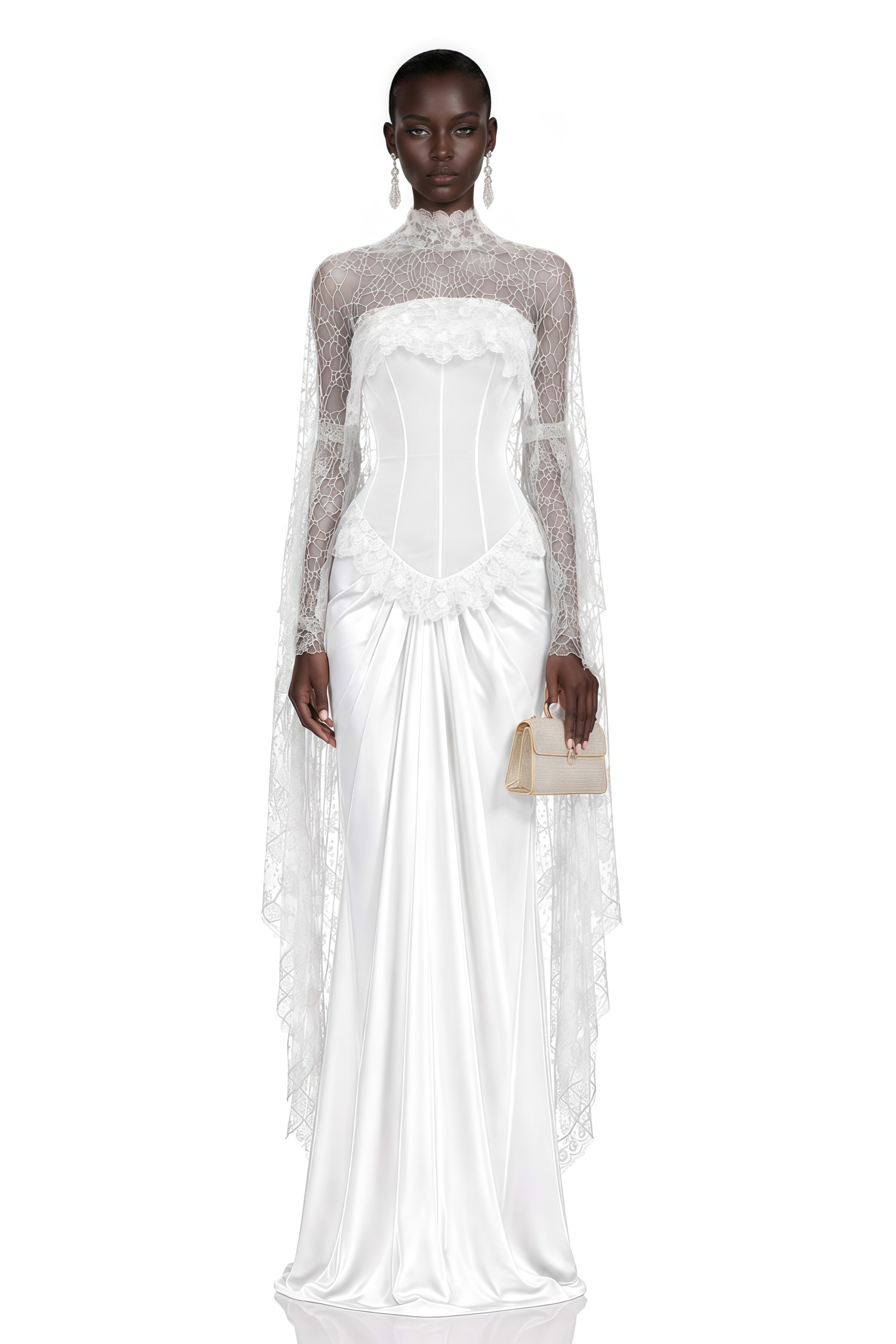 Seraphina White Floral Lace Maxi Dress with Cape