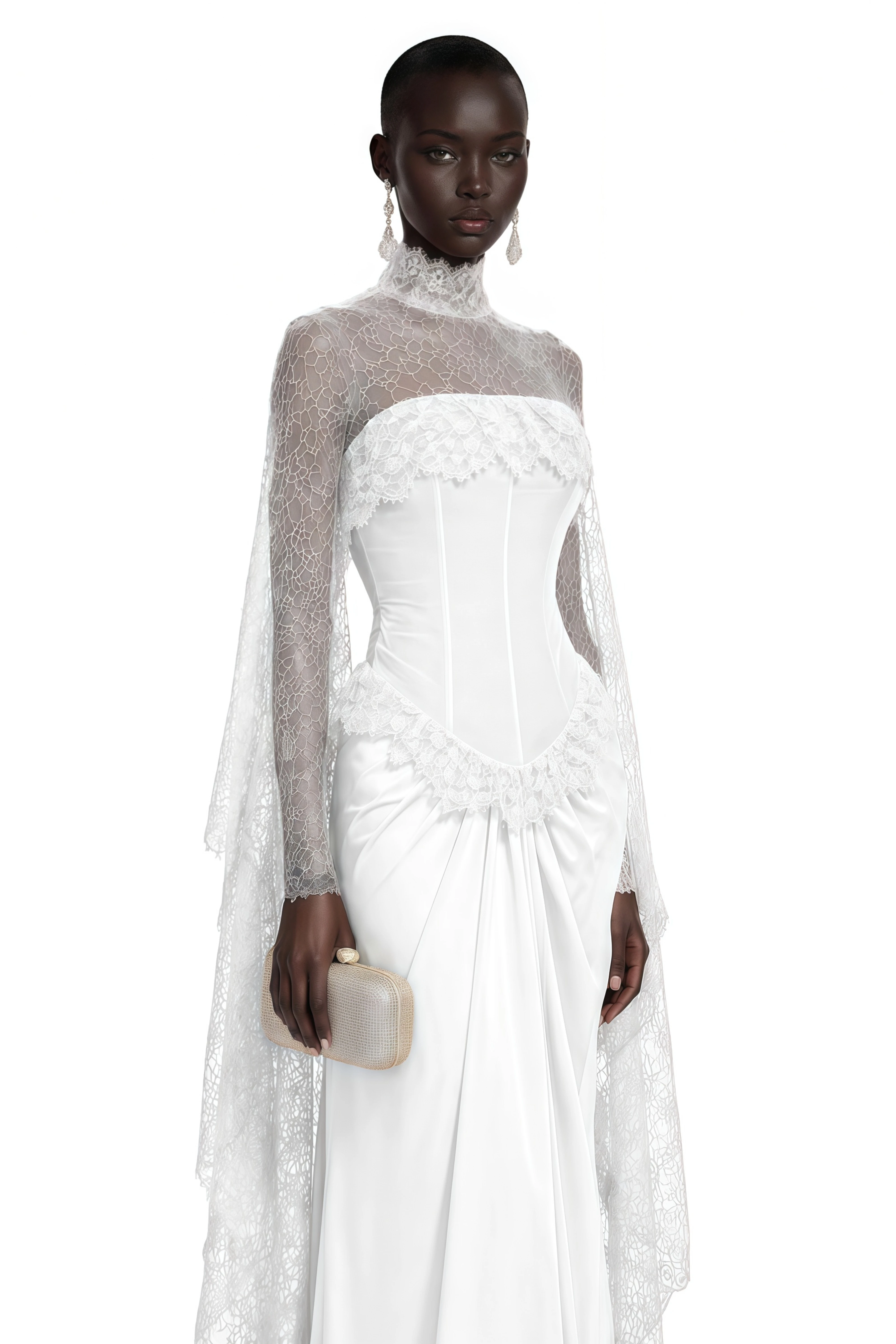 Seraphina White Floral Lace Maxi Dress with Cape
