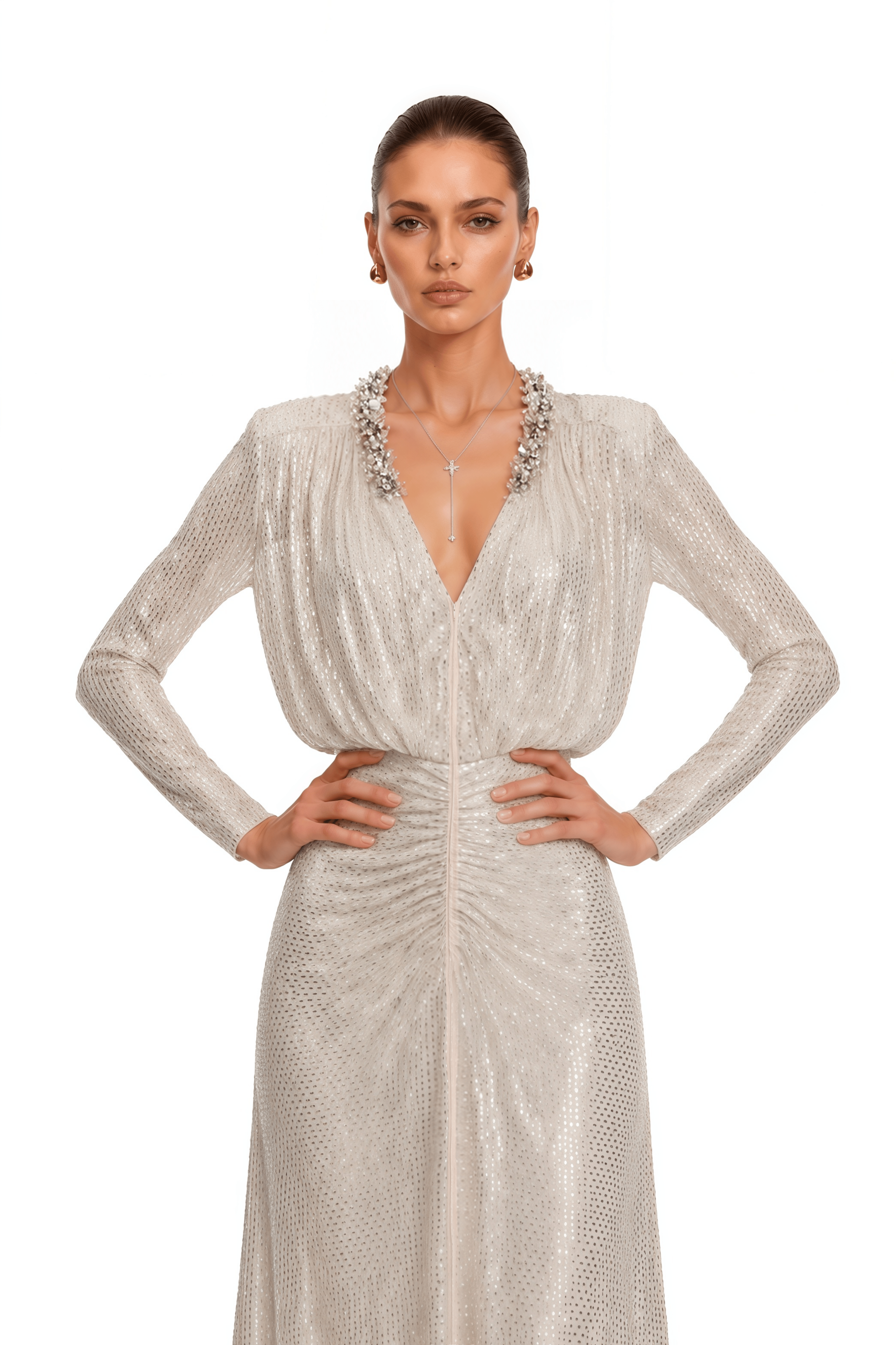 Seraphina Silver Sequin V-Neck Long Sleeves Maxi Dress