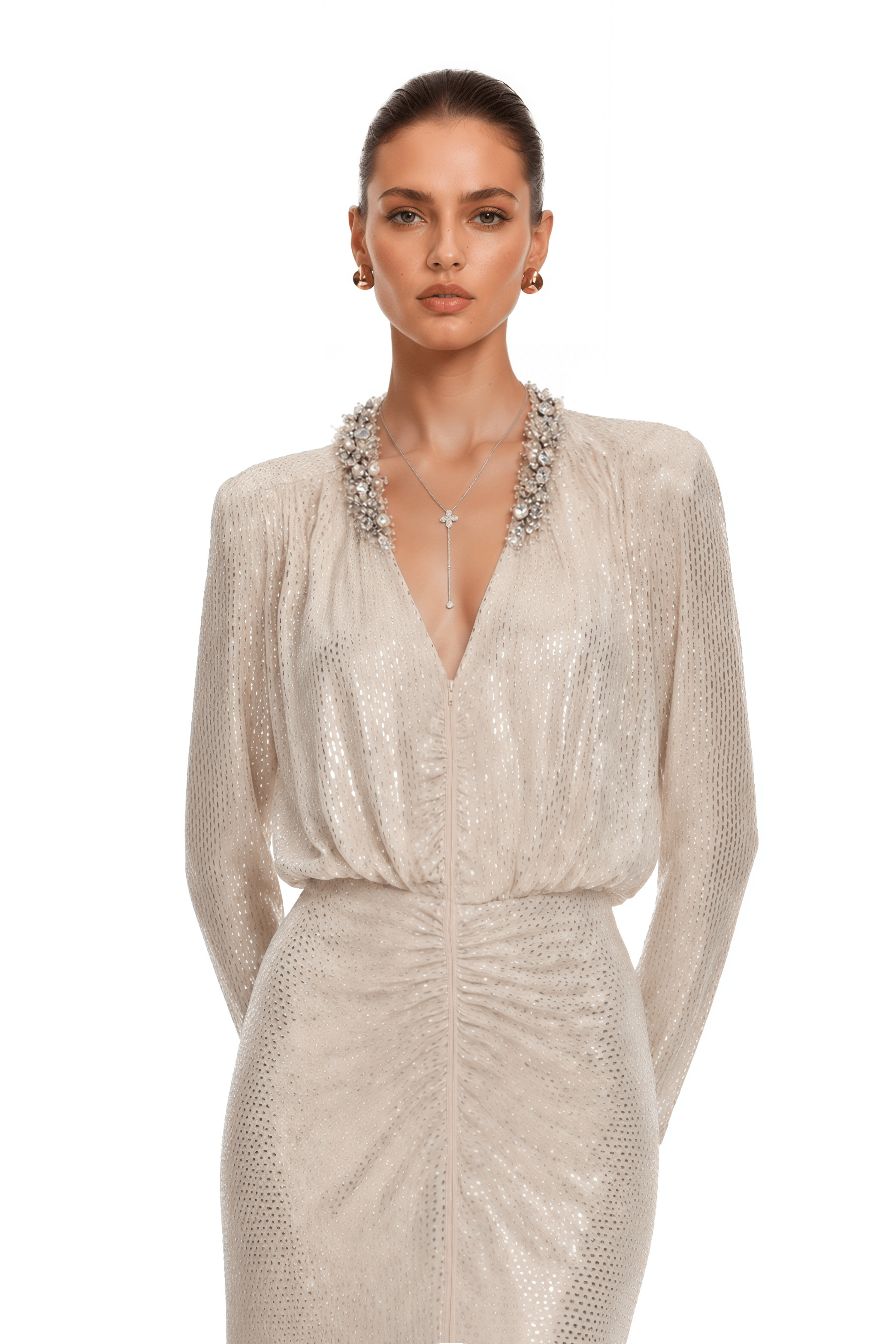Seraphina Silver Sequin V-Neck Long Sleeves Maxi Dress
