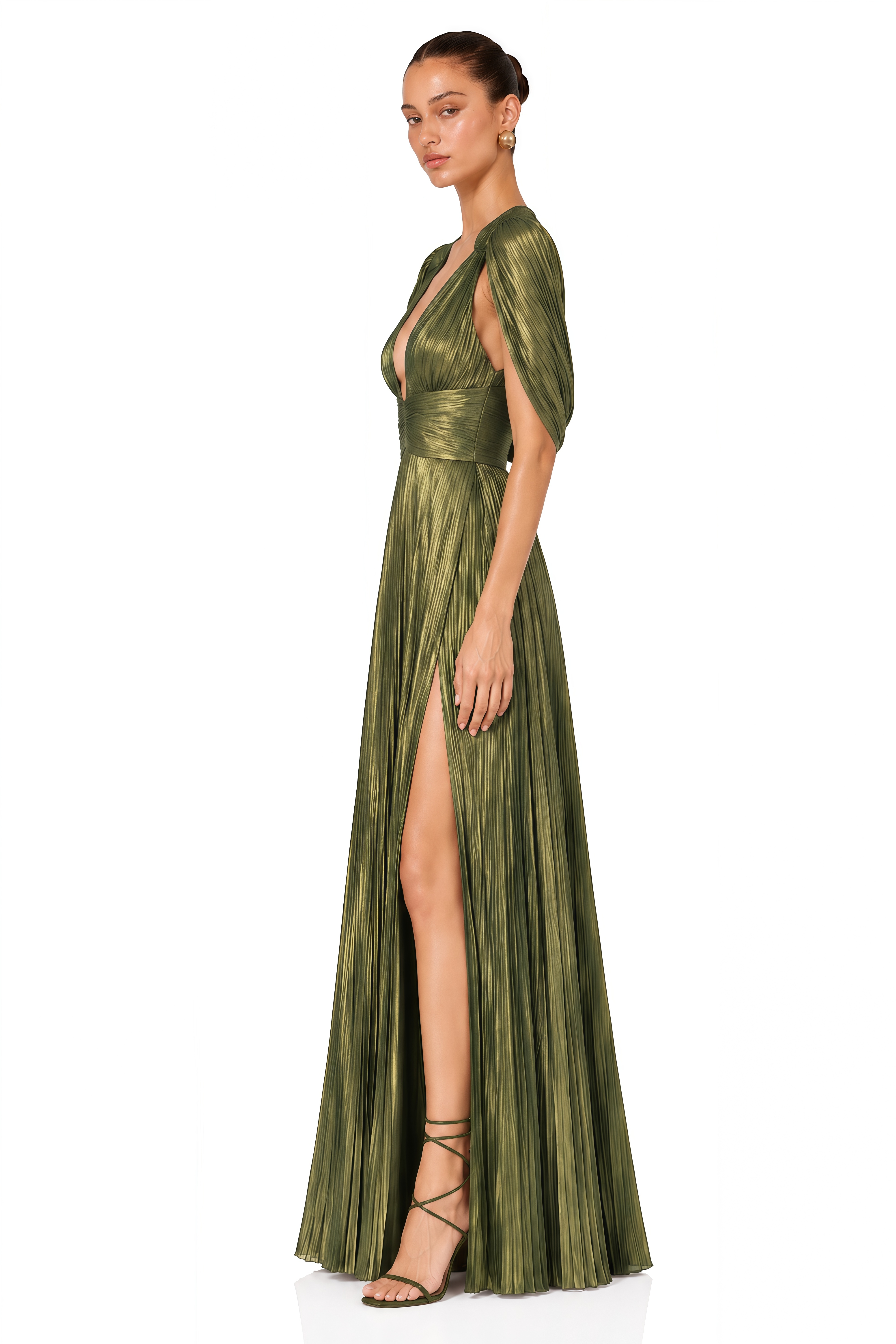 Seraphine Green Pleated Plunge Maxi Dress with Cowl Back