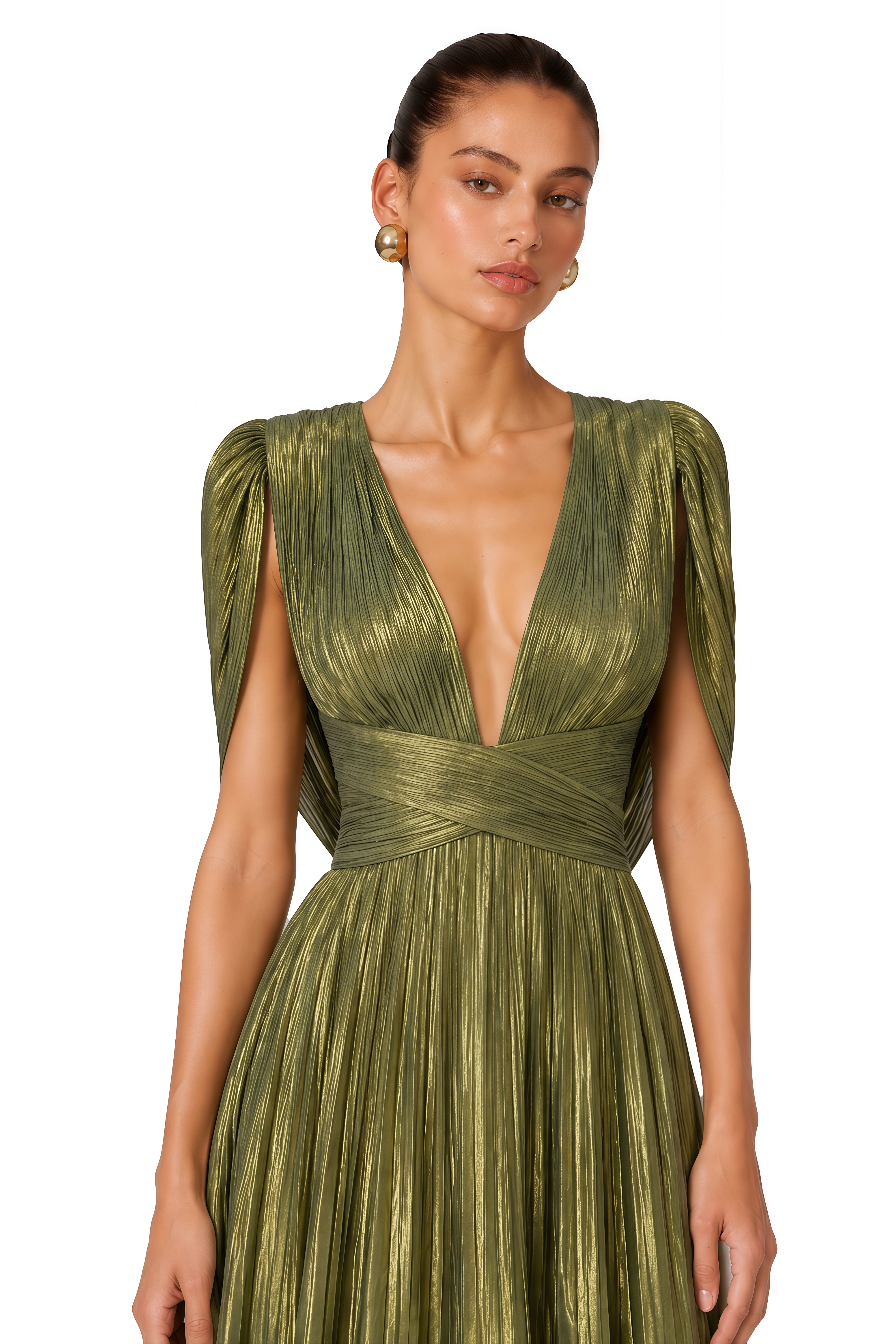 Seraphine Green Pleated Plunge Maxi Dress with Cowl Back