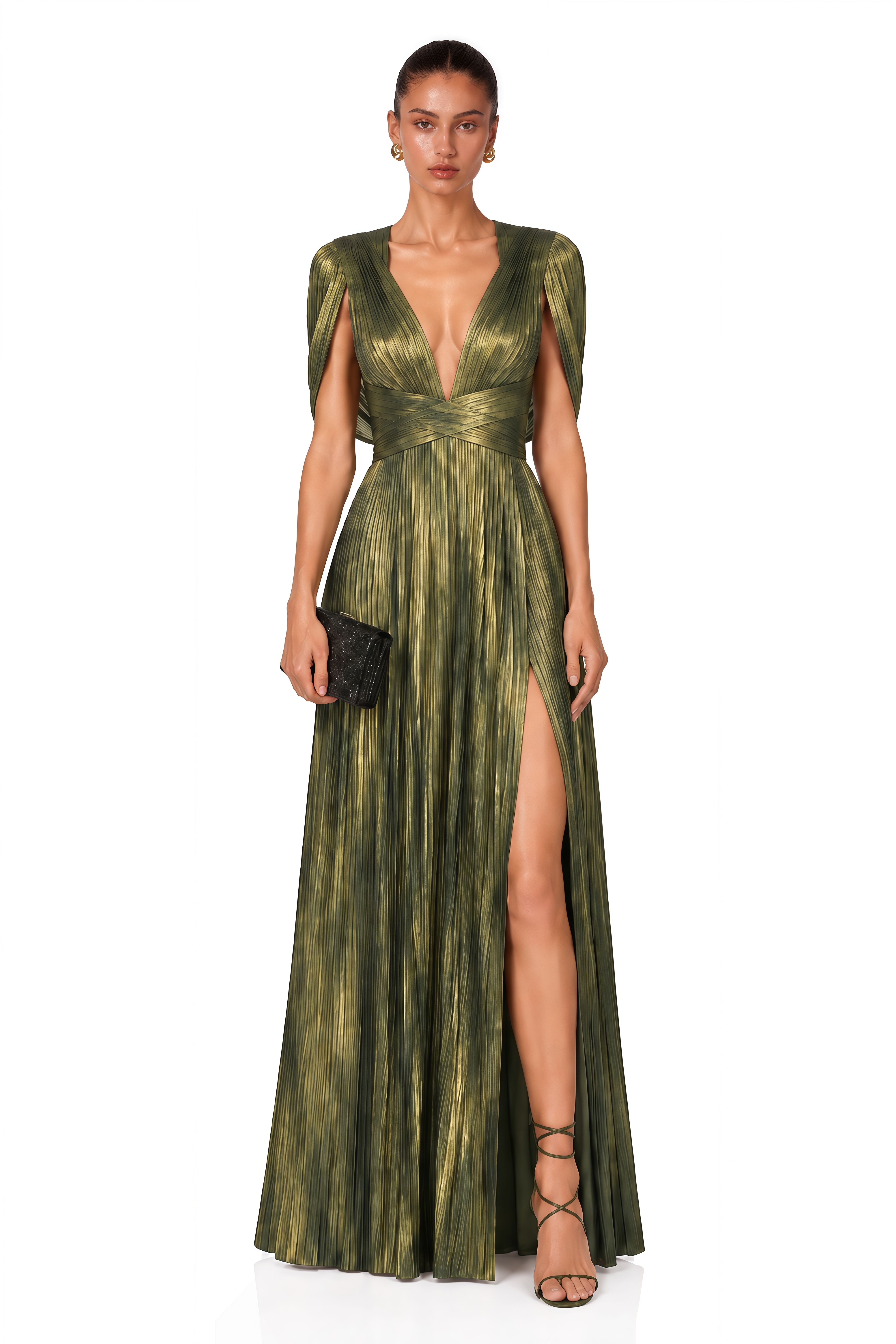 Seraphine Green Pleated Plunge Maxi Dress with Cowl Back
