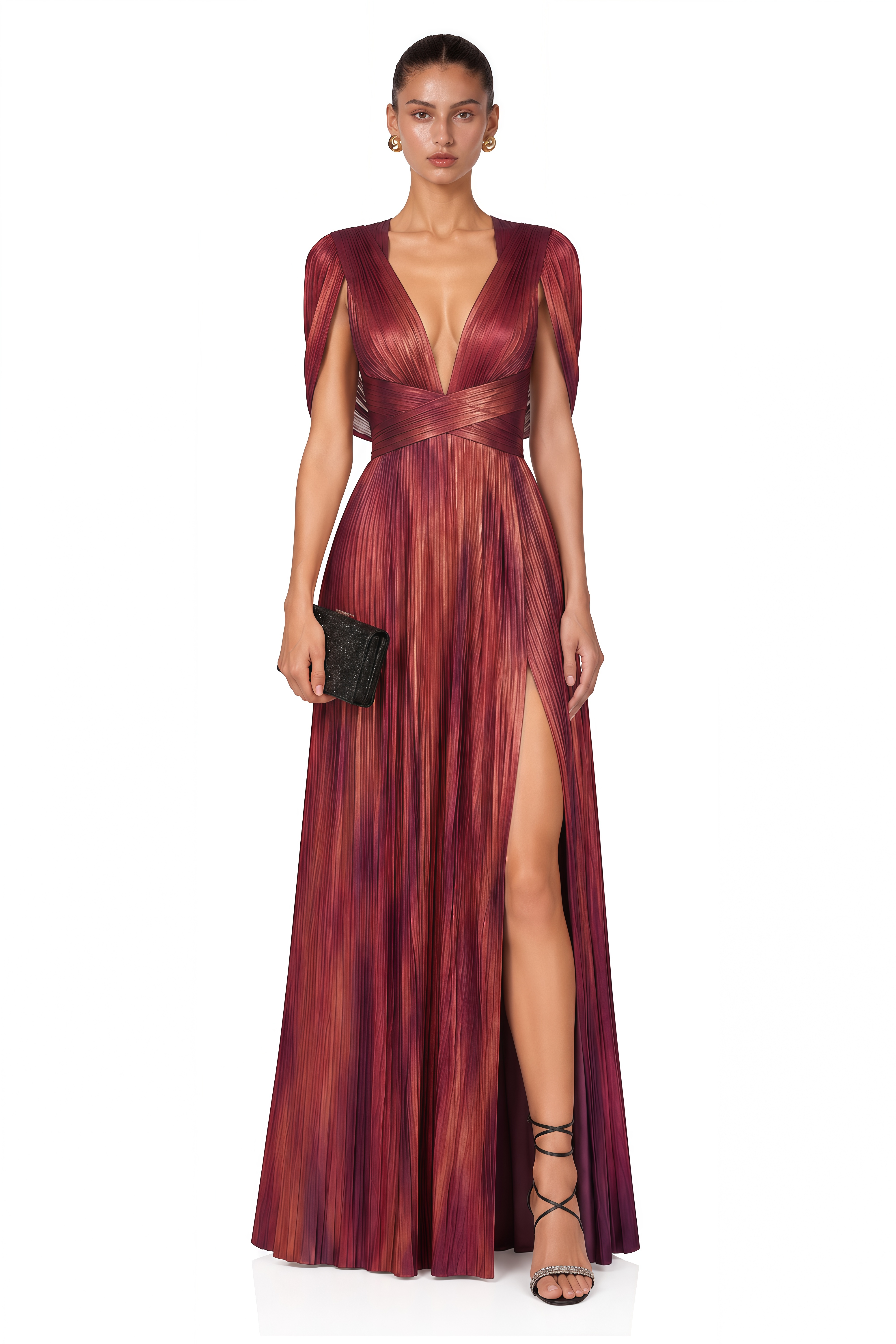 Seraphine Red Pleated Plunge Maxi Dress with Cowl Back