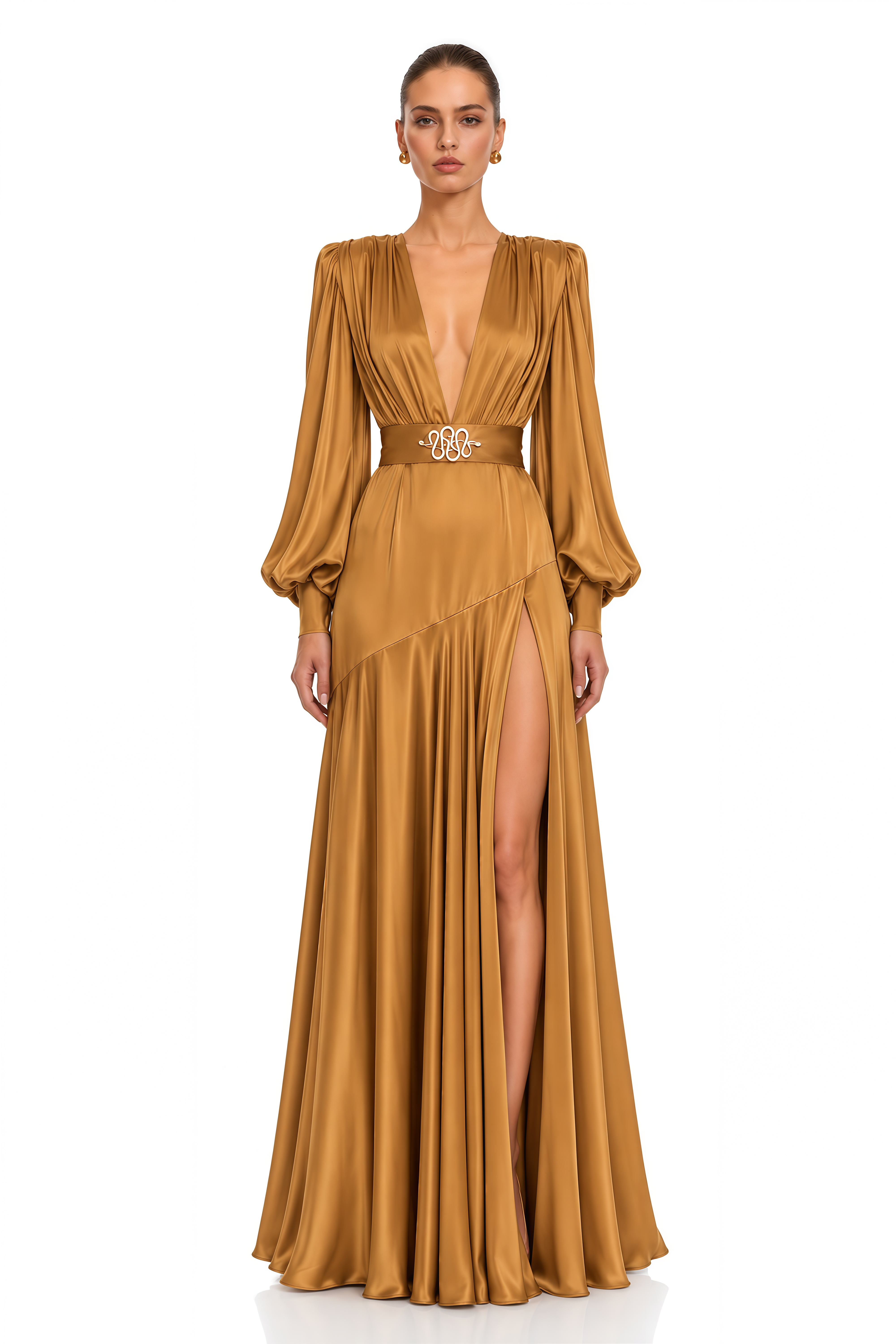 Serenella Brown Deep V Draped Maxi Dress