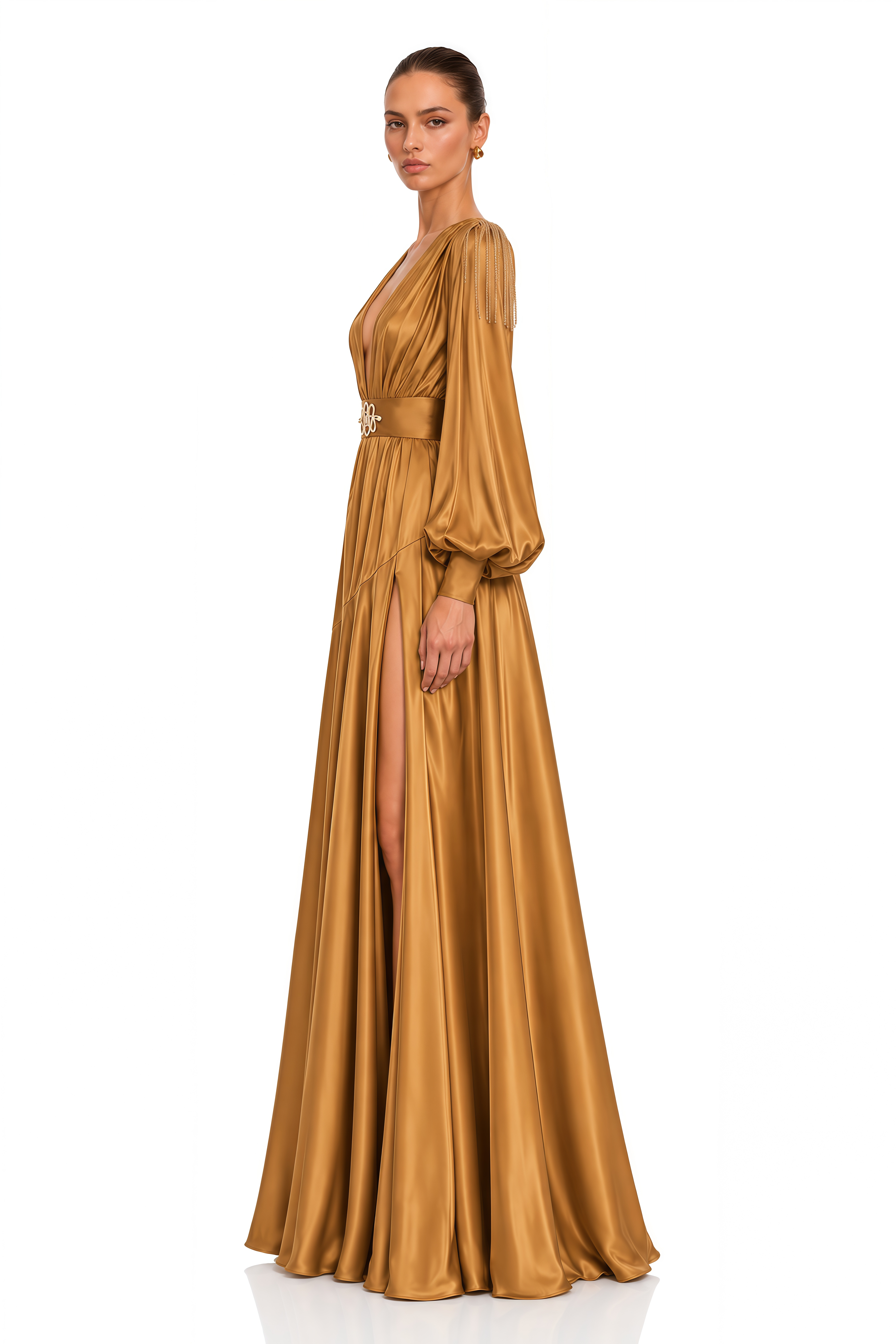Serenella Brown Deep V Draped Maxi Dress