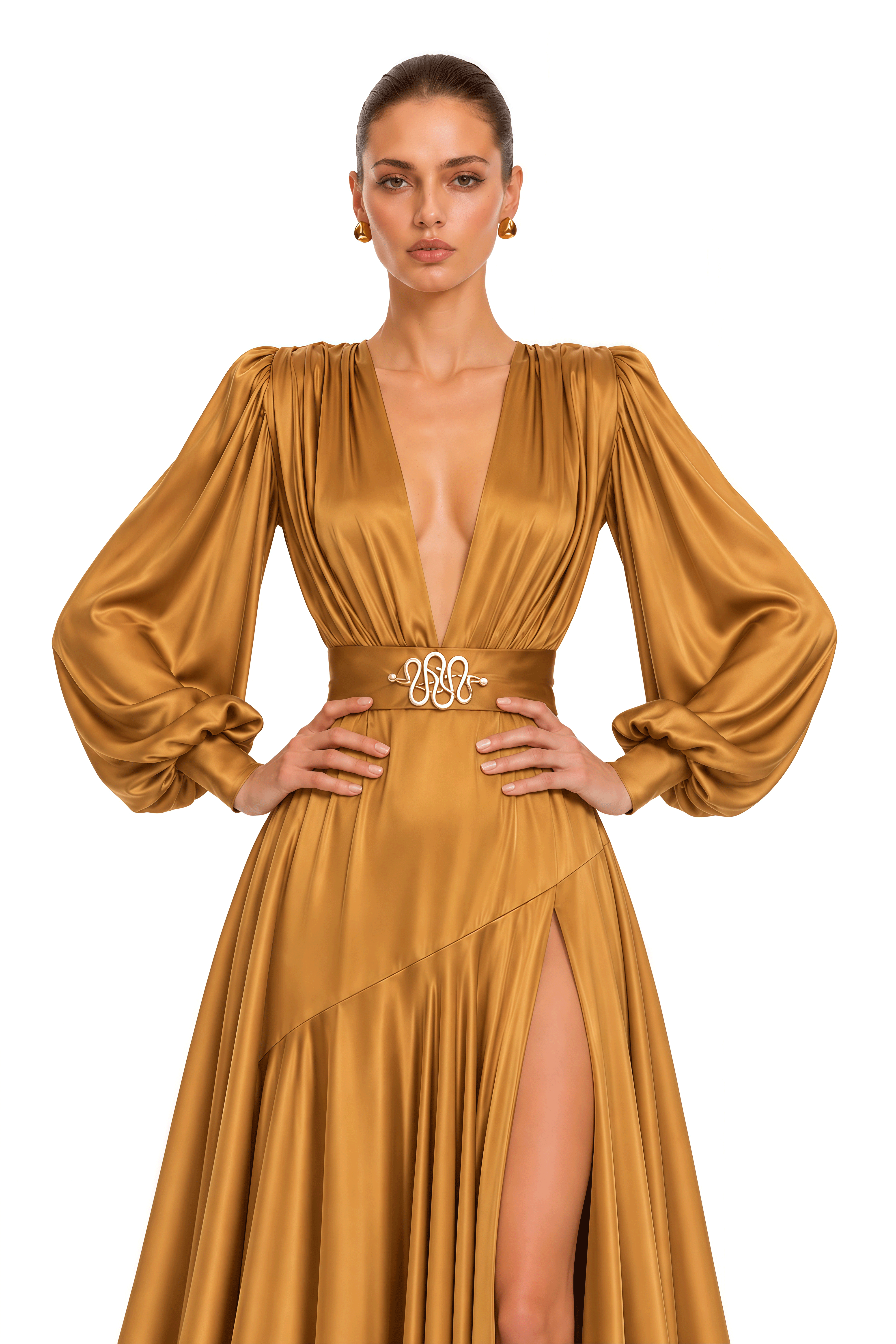 Serenella Brown Deep V Draped Maxi Dress