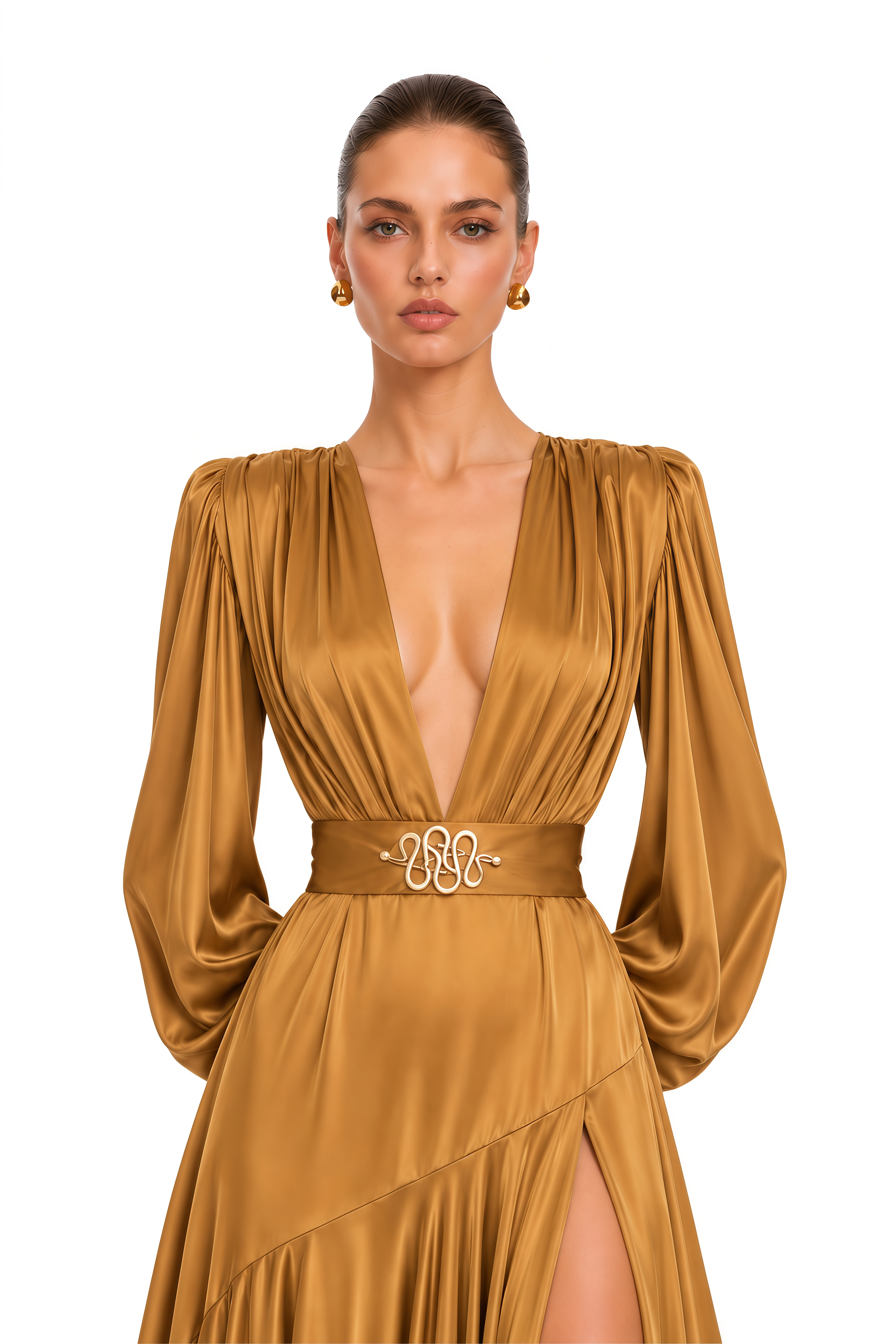 Serenella Brown Deep V Draped Maxi Dress