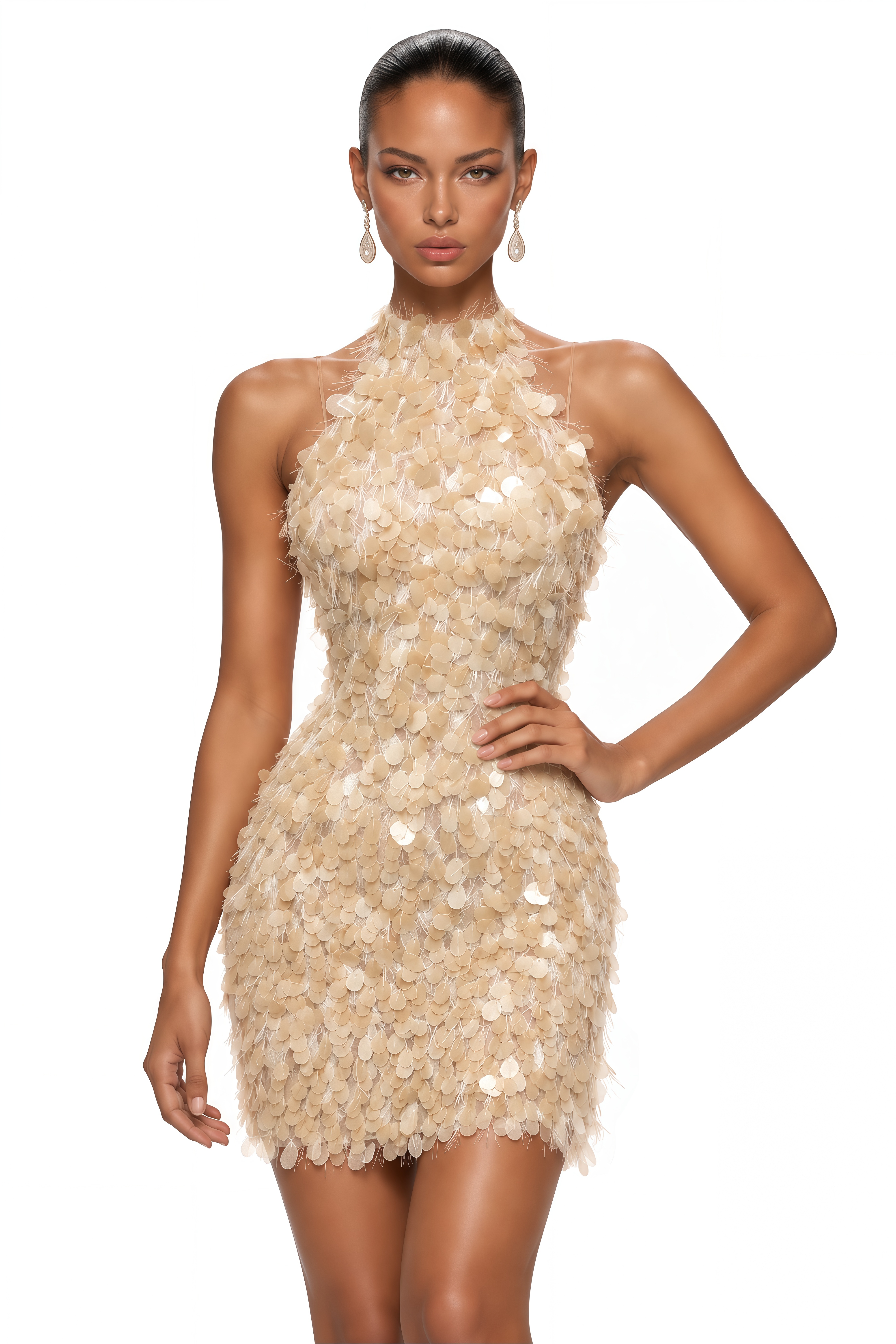Serenella Champagne Sequin Feathered Halterneck Mini Dress