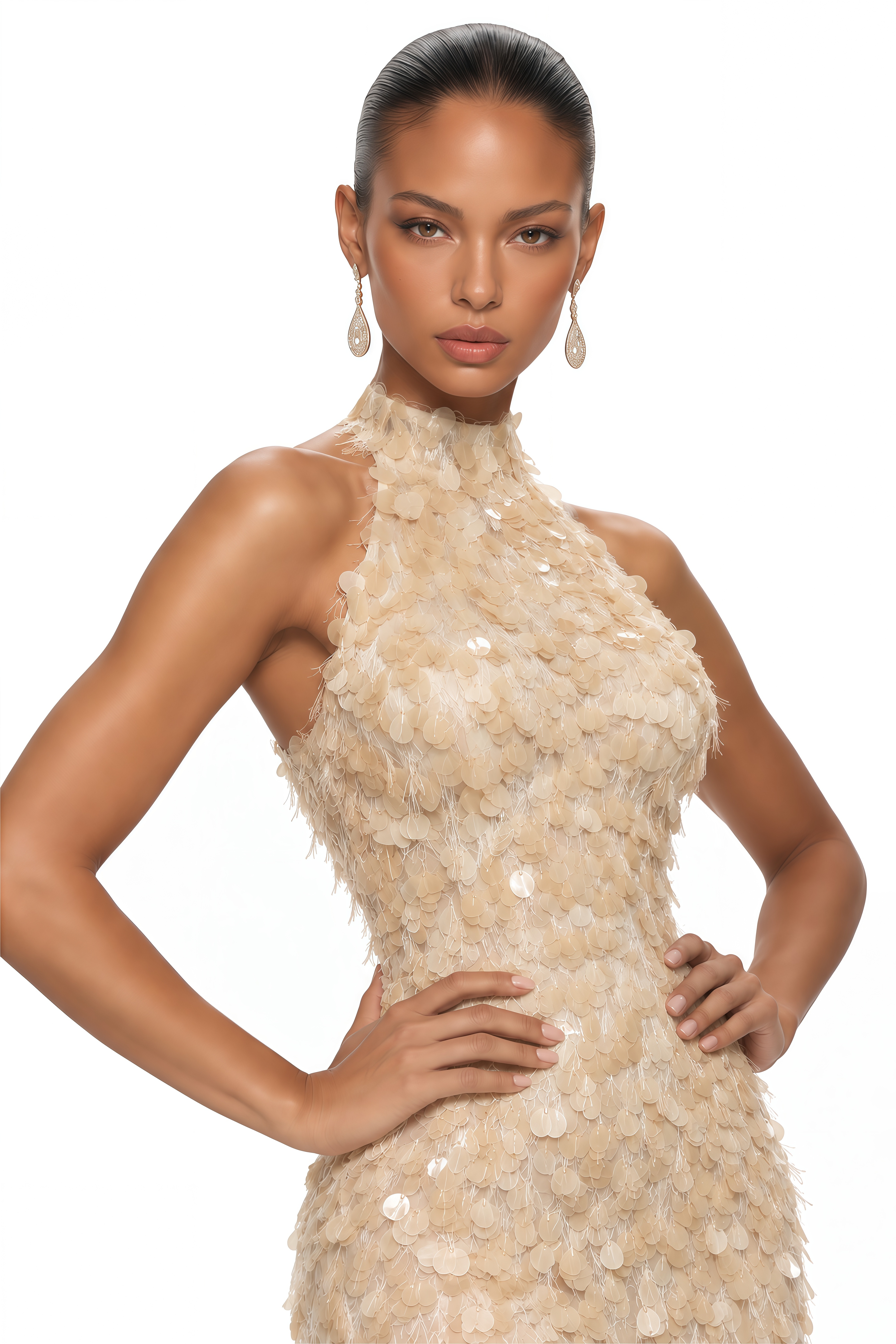 Serenella Champagne Sequin Feathered Halterneck Mini Dress