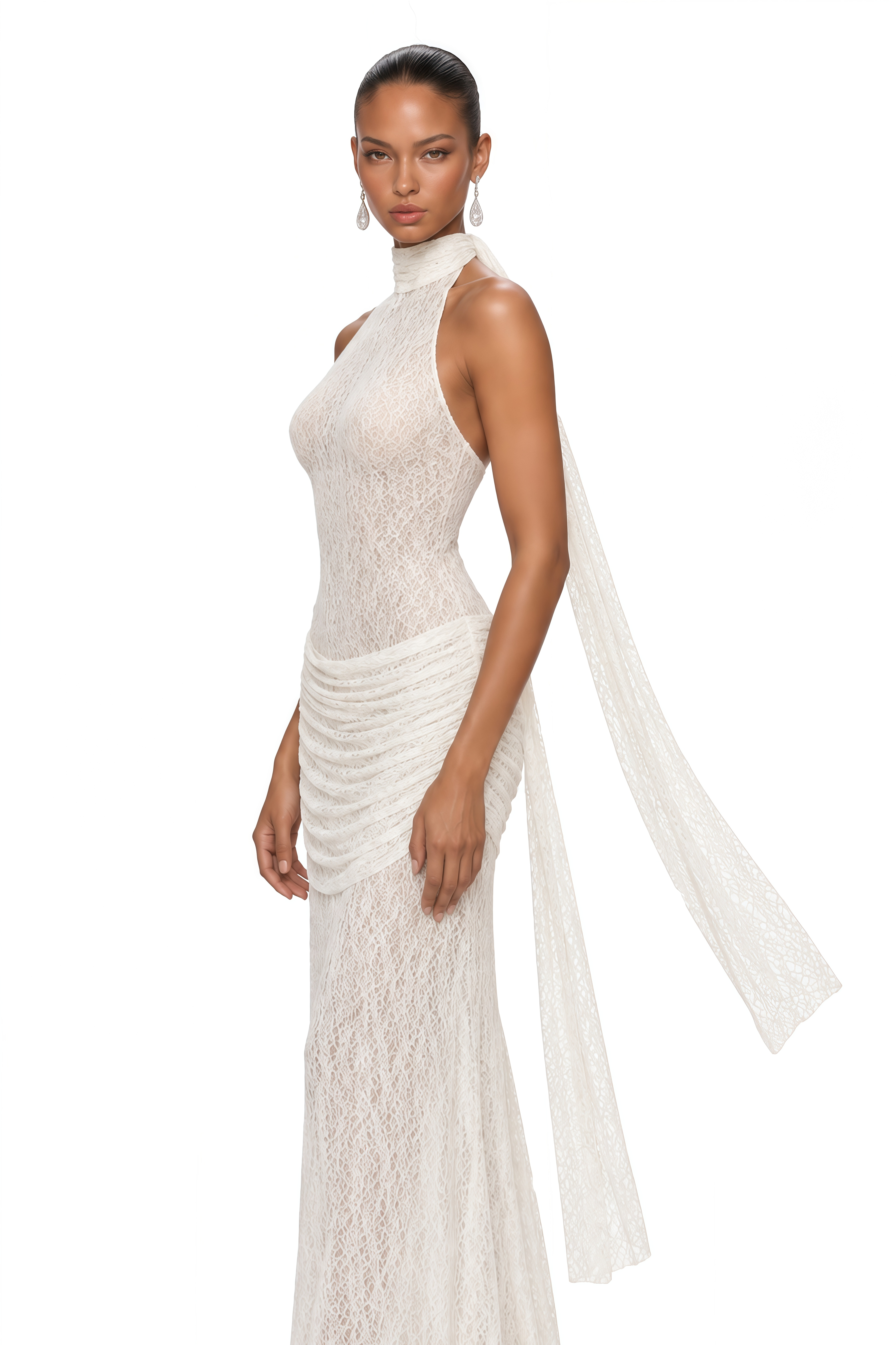 Serenella White Lace Halterneck Draped Maxi Dress