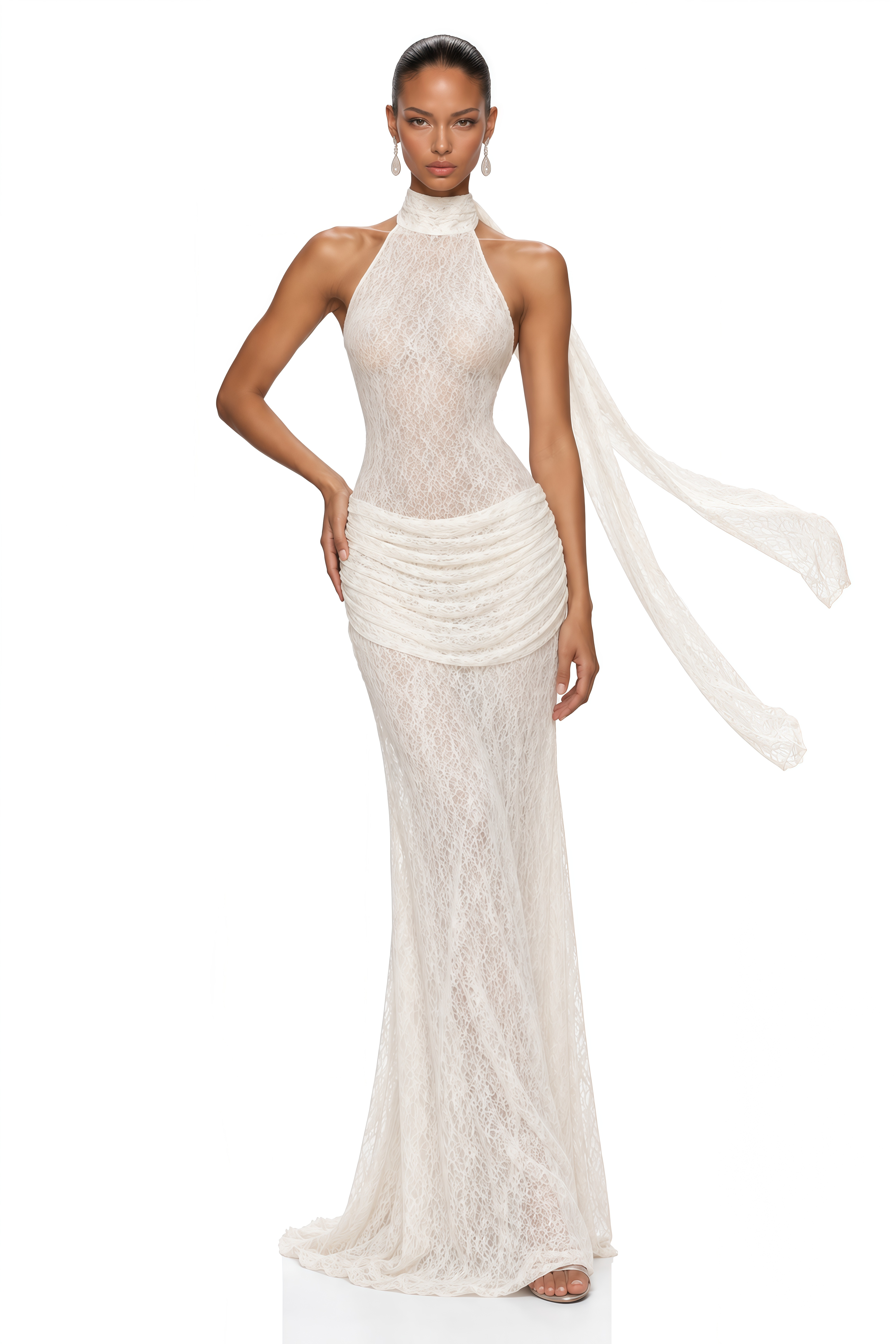 Serenella White Lace Halterneck Draped Maxi Dress