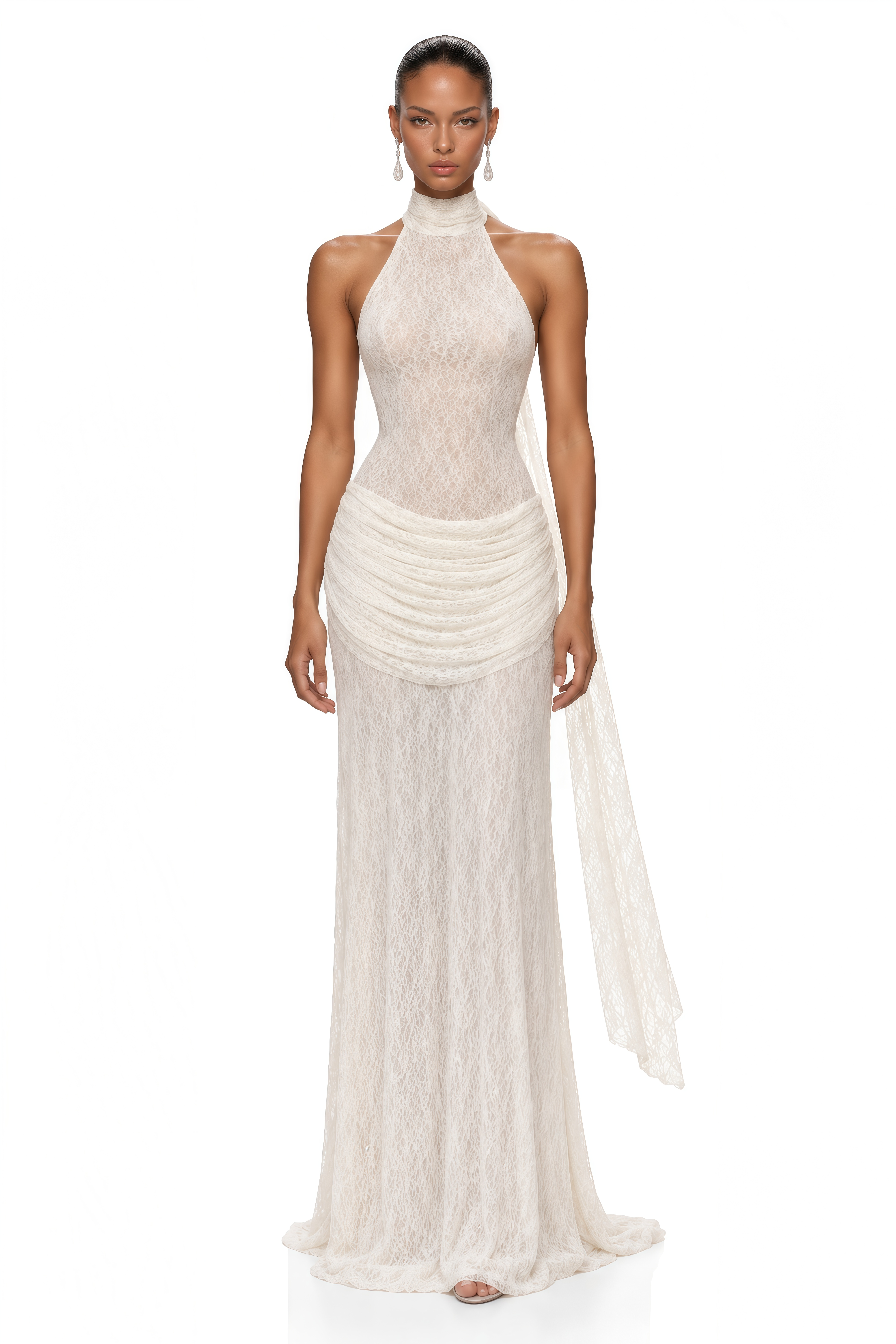 Serenella White Lace Halterneck Draped Maxi Dress
