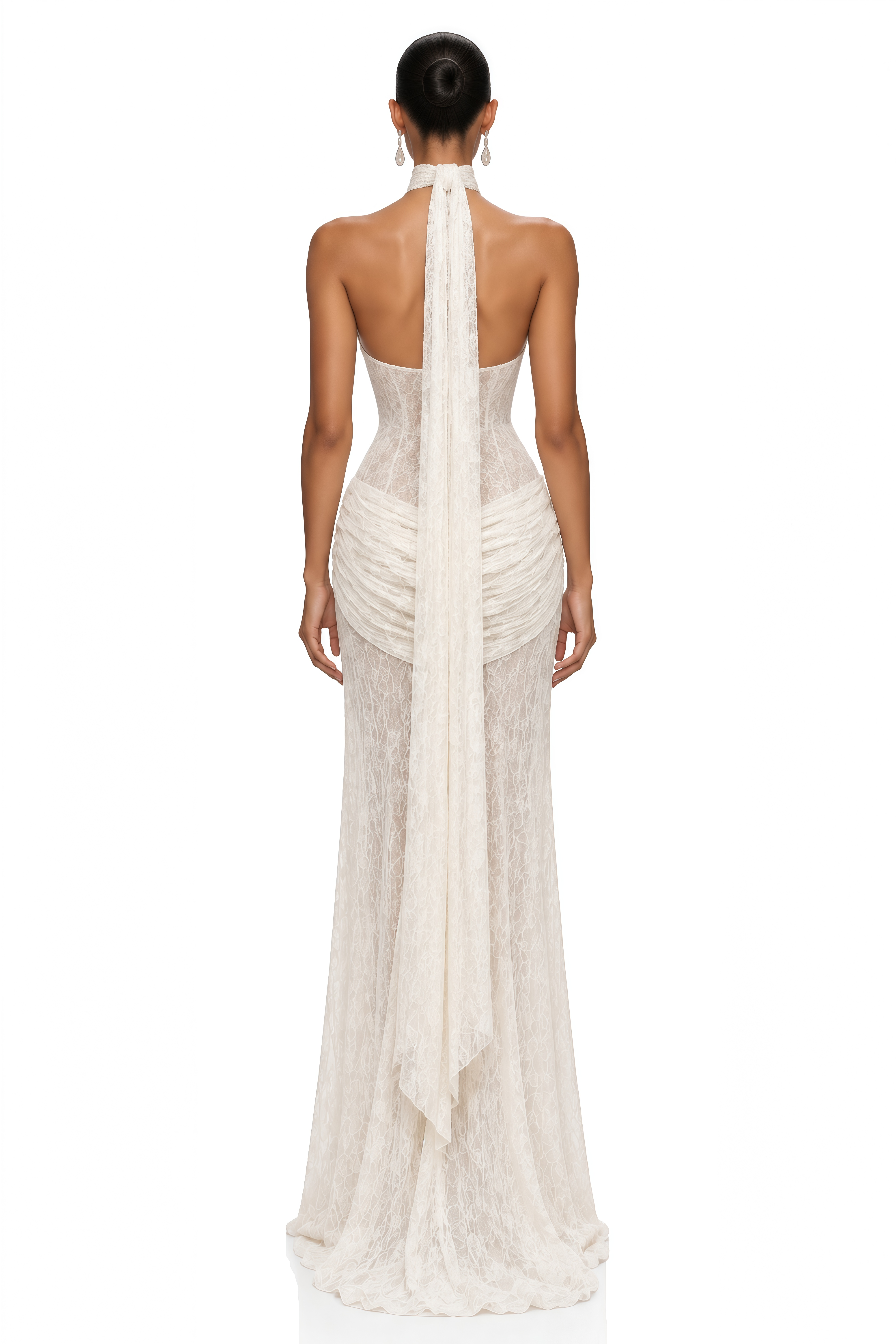 Serenella White Lace Halterneck Draped Maxi Dress