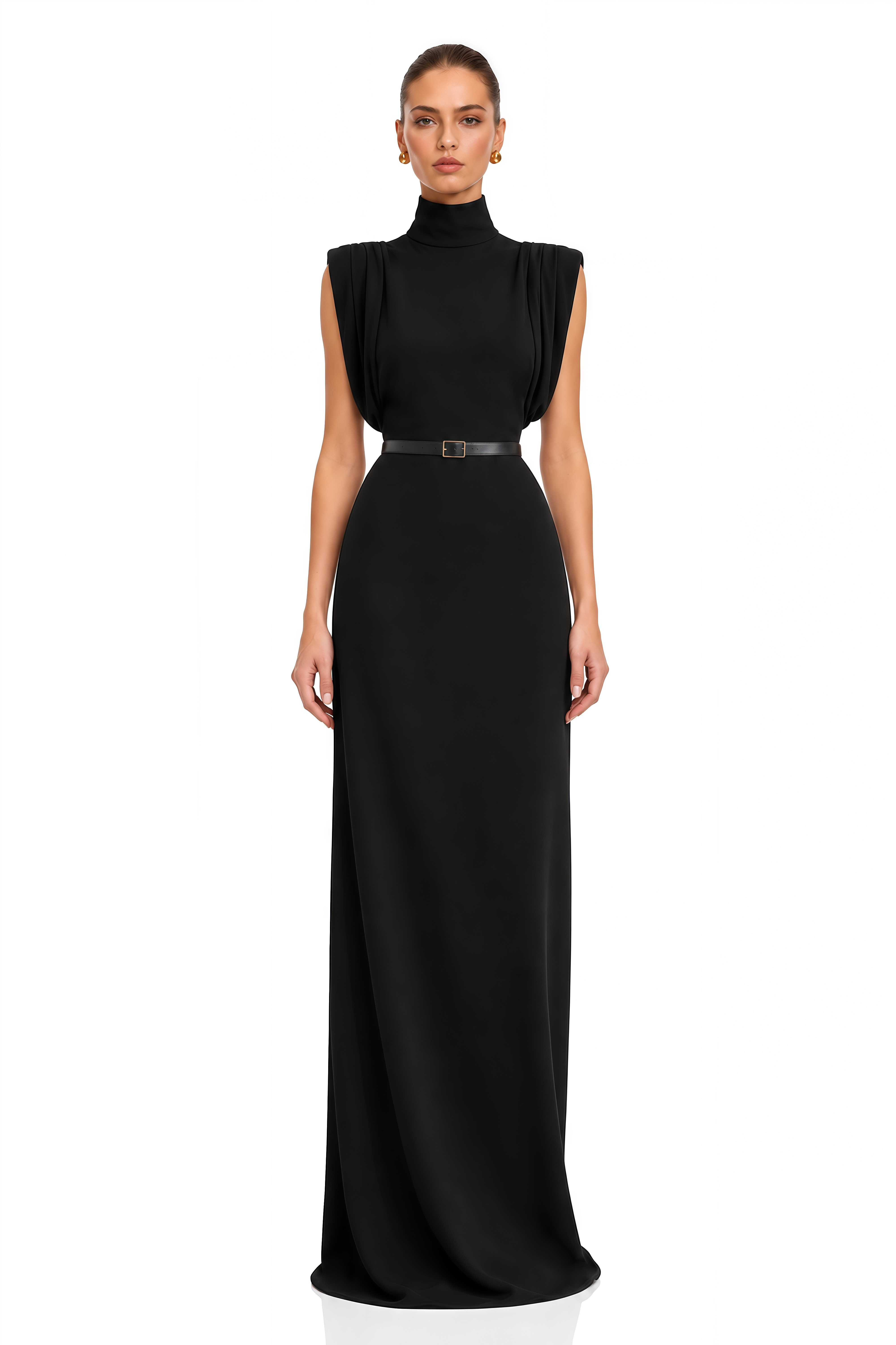 Severine Black High Neck Belted Maxi Dress