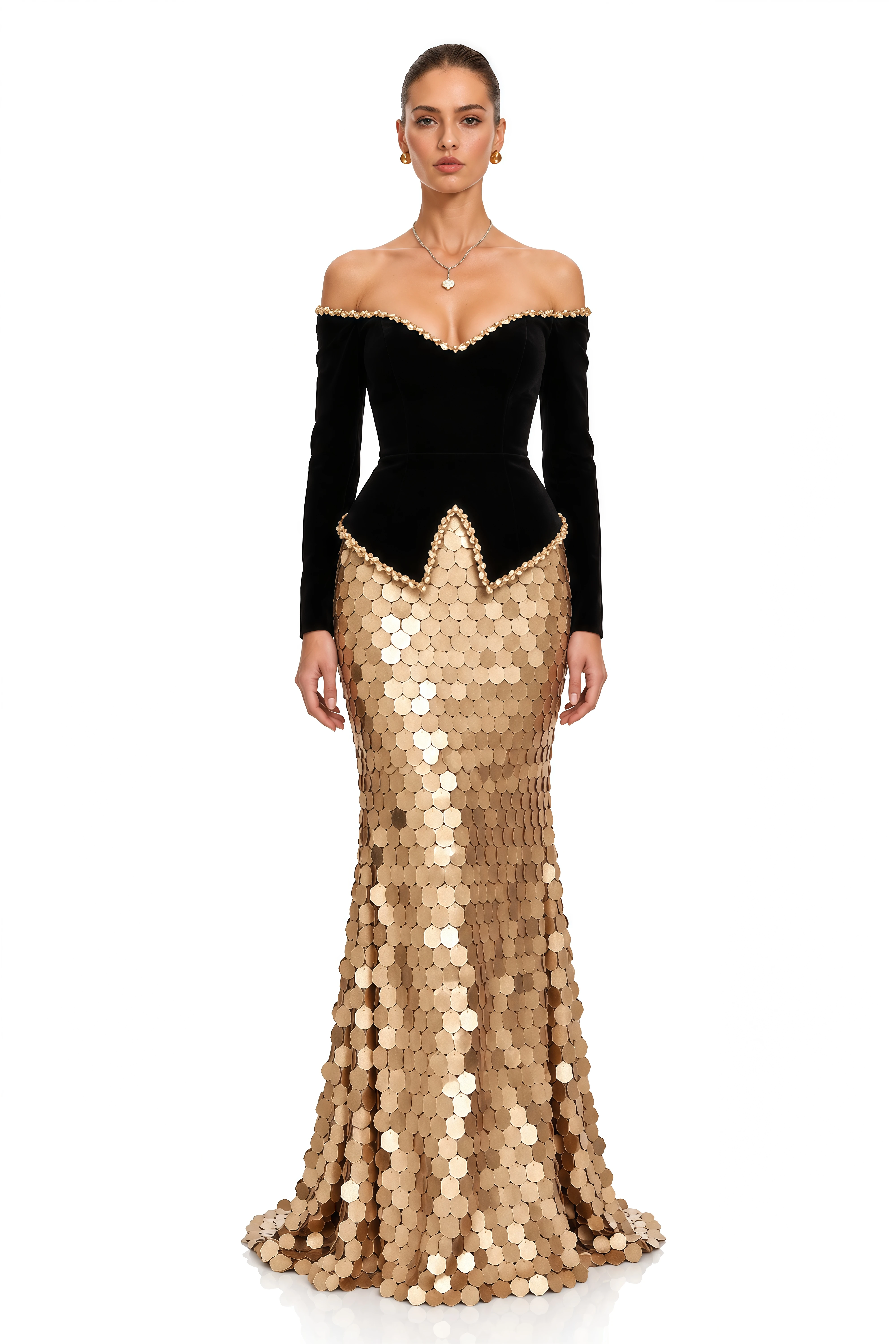 Severine Black Velvet Top & Gold Sequin Mermaid Maxi Skirt Set