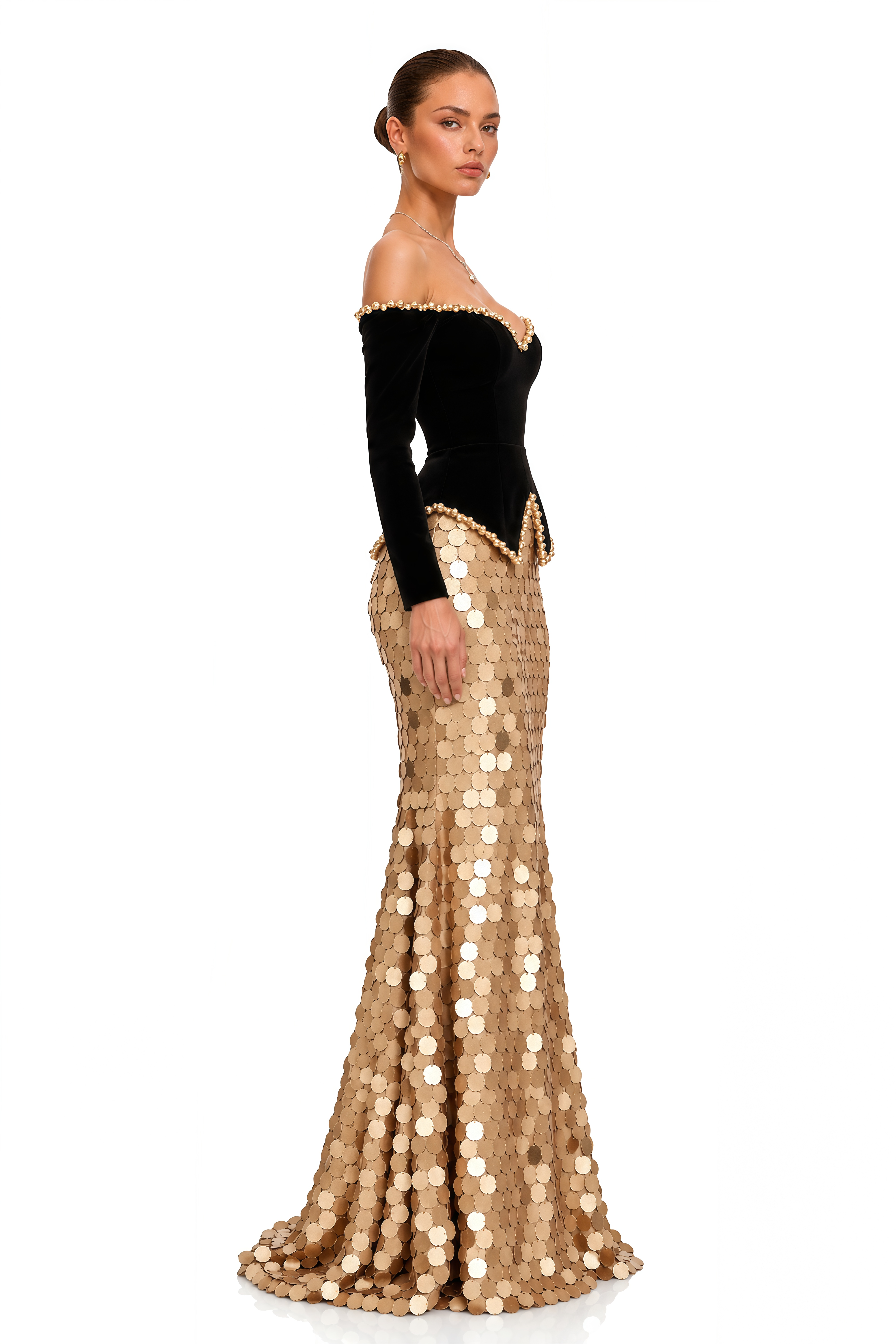 Severine Black Velvet Top & Gold Sequin Mermaid Maxi Skirt Set