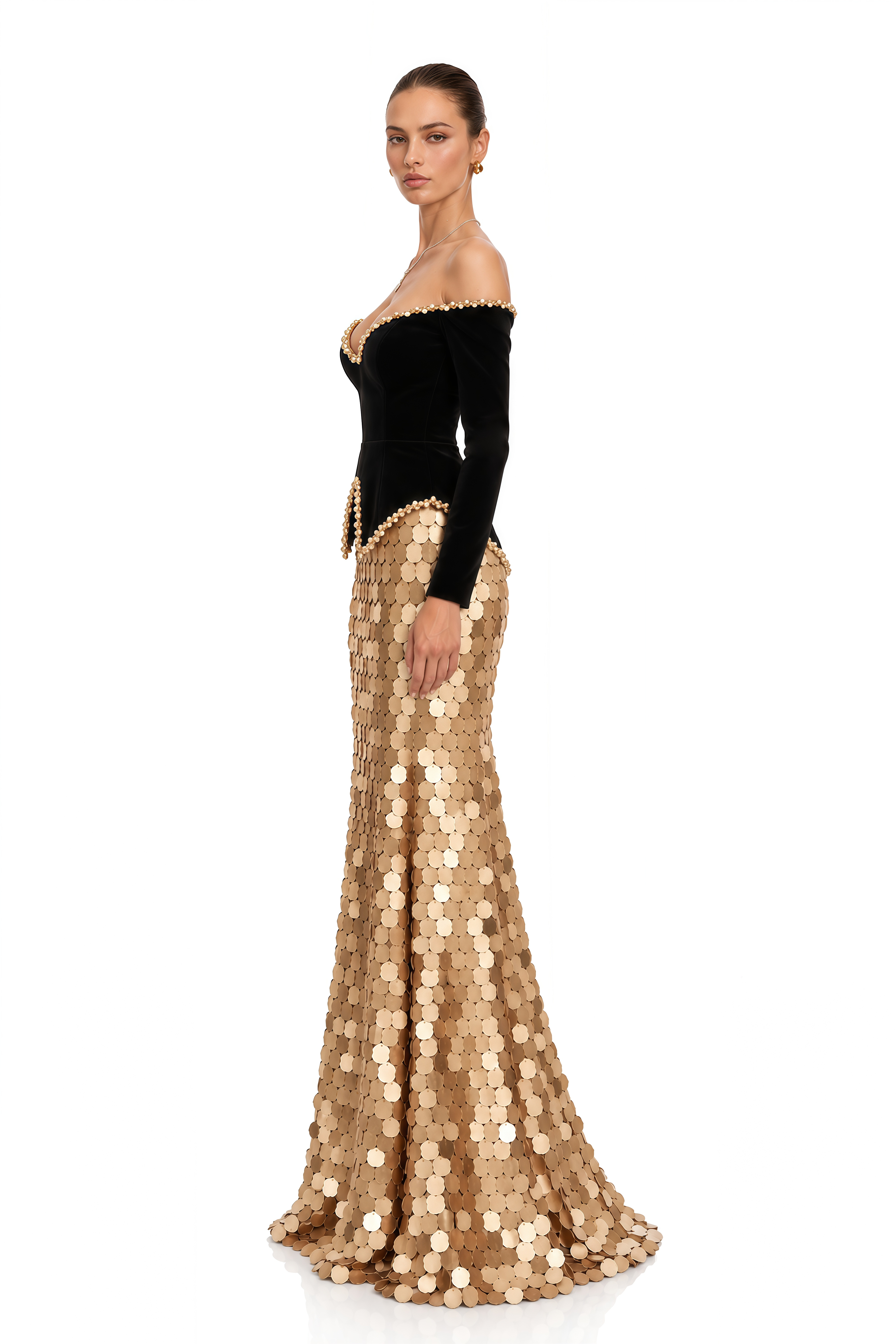 Severine Black Velvet Top & Gold Sequin Mermaid Maxi Skirt Set
