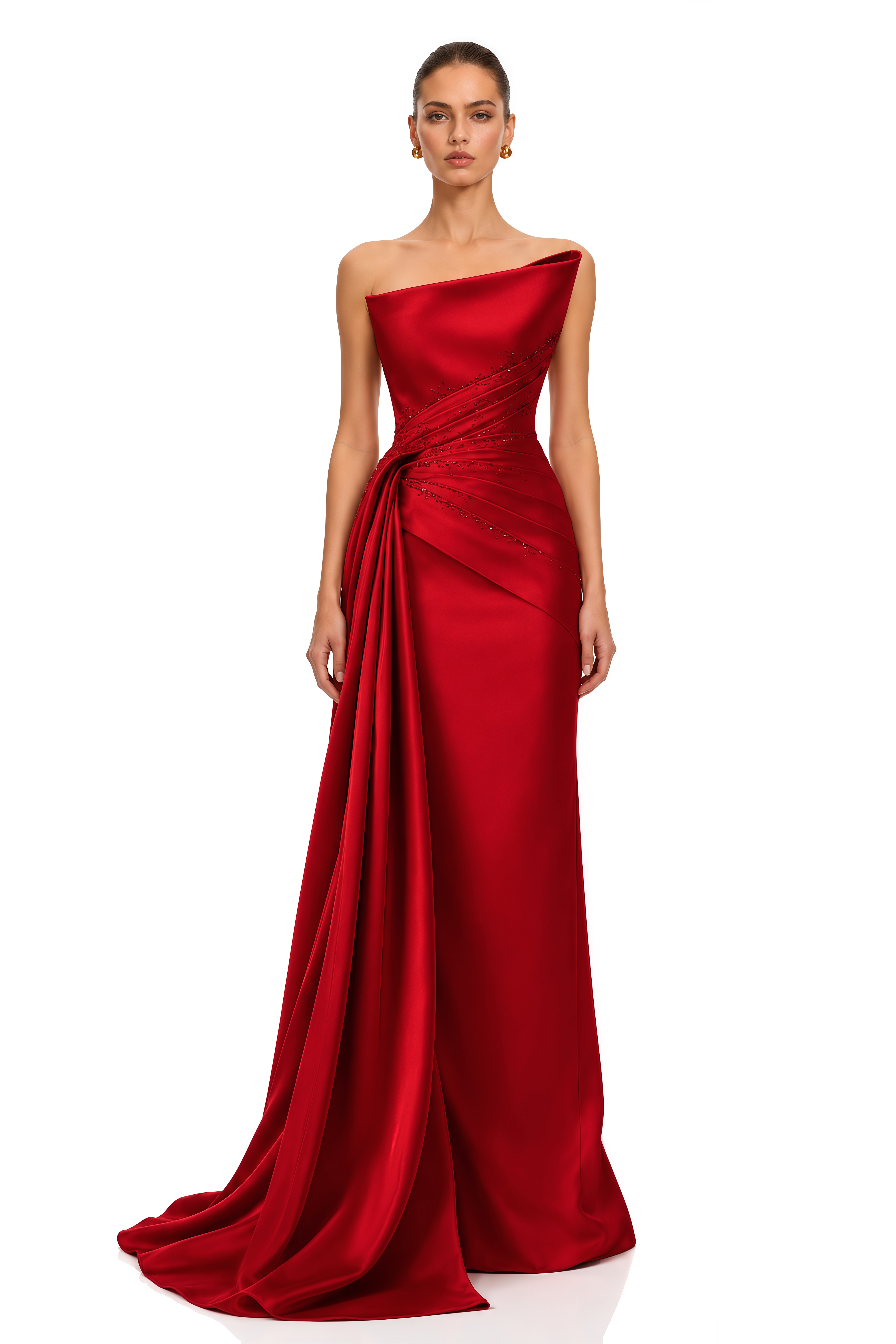 Severine Red Asymmetrical Draped Satin Maxi Dress