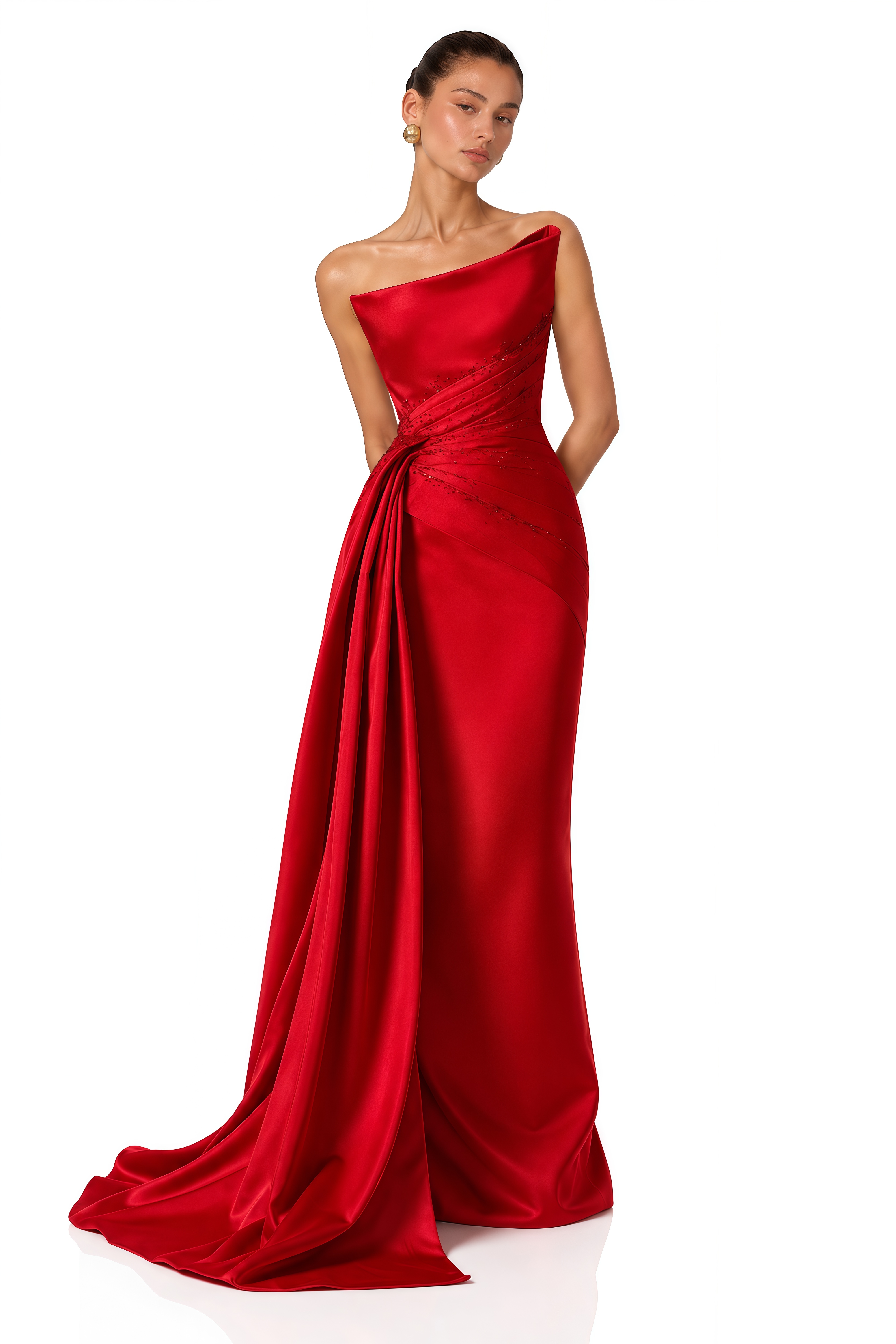 Severine Red Asymmetrical Draped Satin Maxi Dress