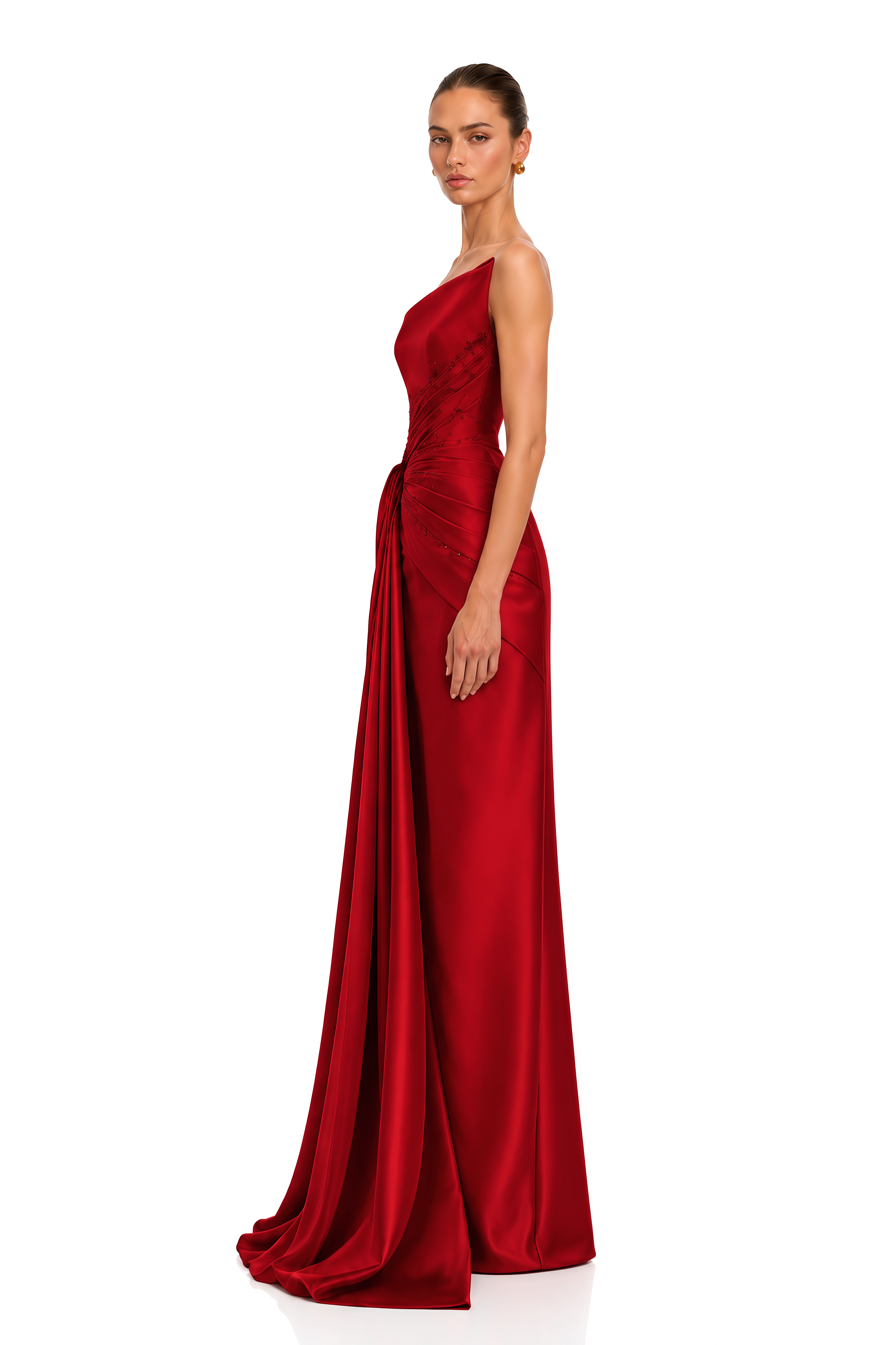 Severine Red Asymmetrical Draped Satin Maxi Dress