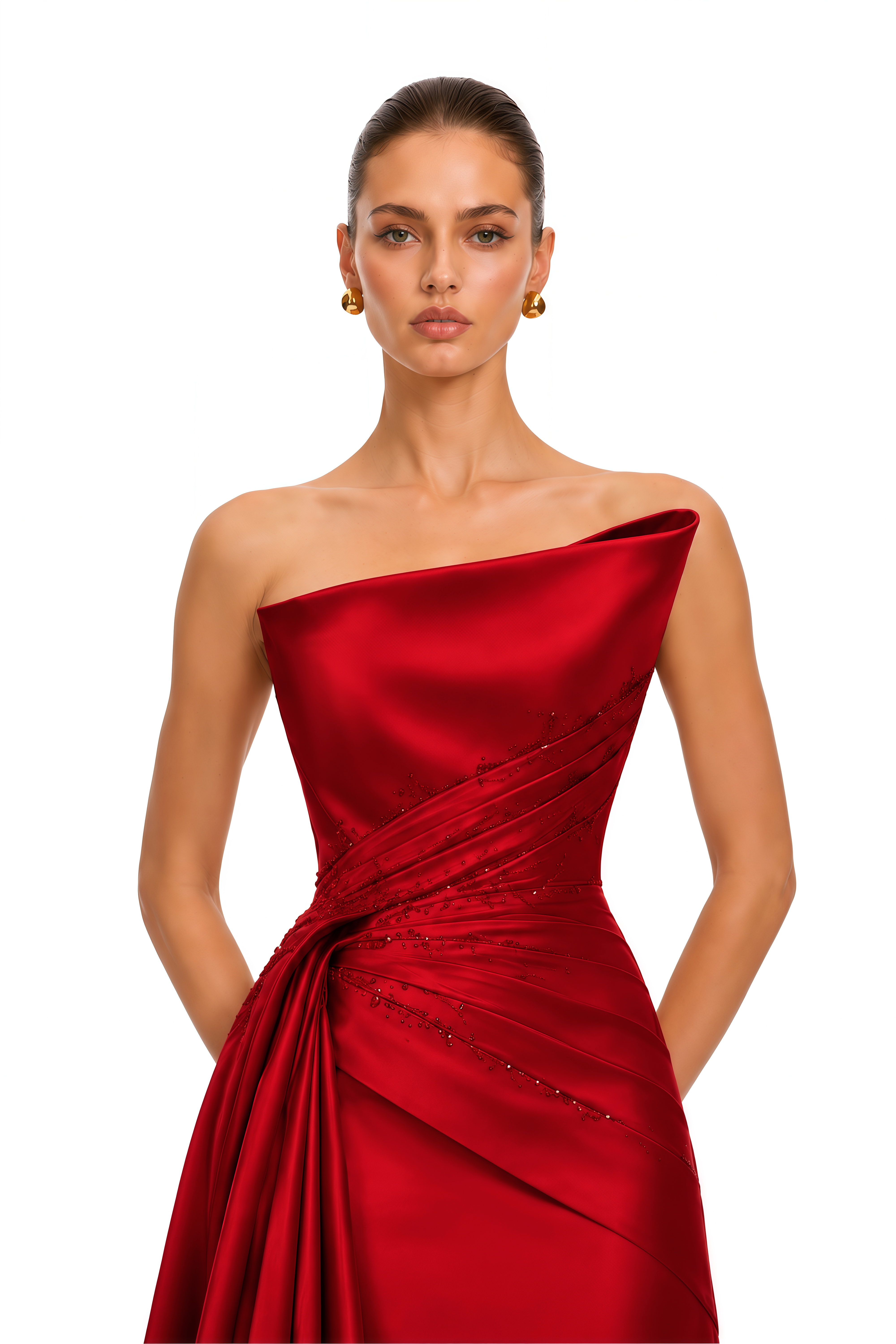 Severine Red Asymmetrical Draped Satin Maxi Dress
