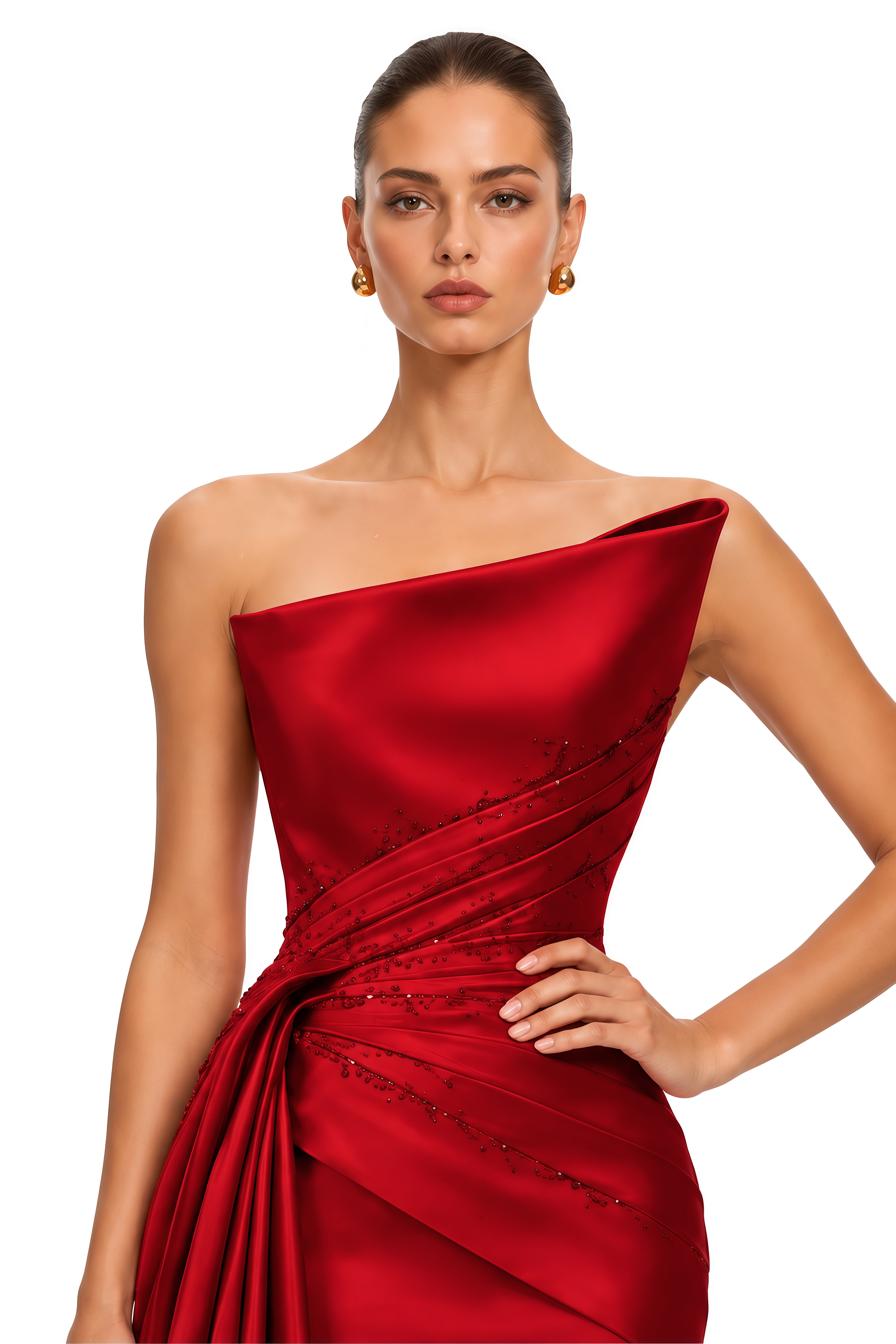 Severine Red Asymmetrical Draped Satin Maxi Dress