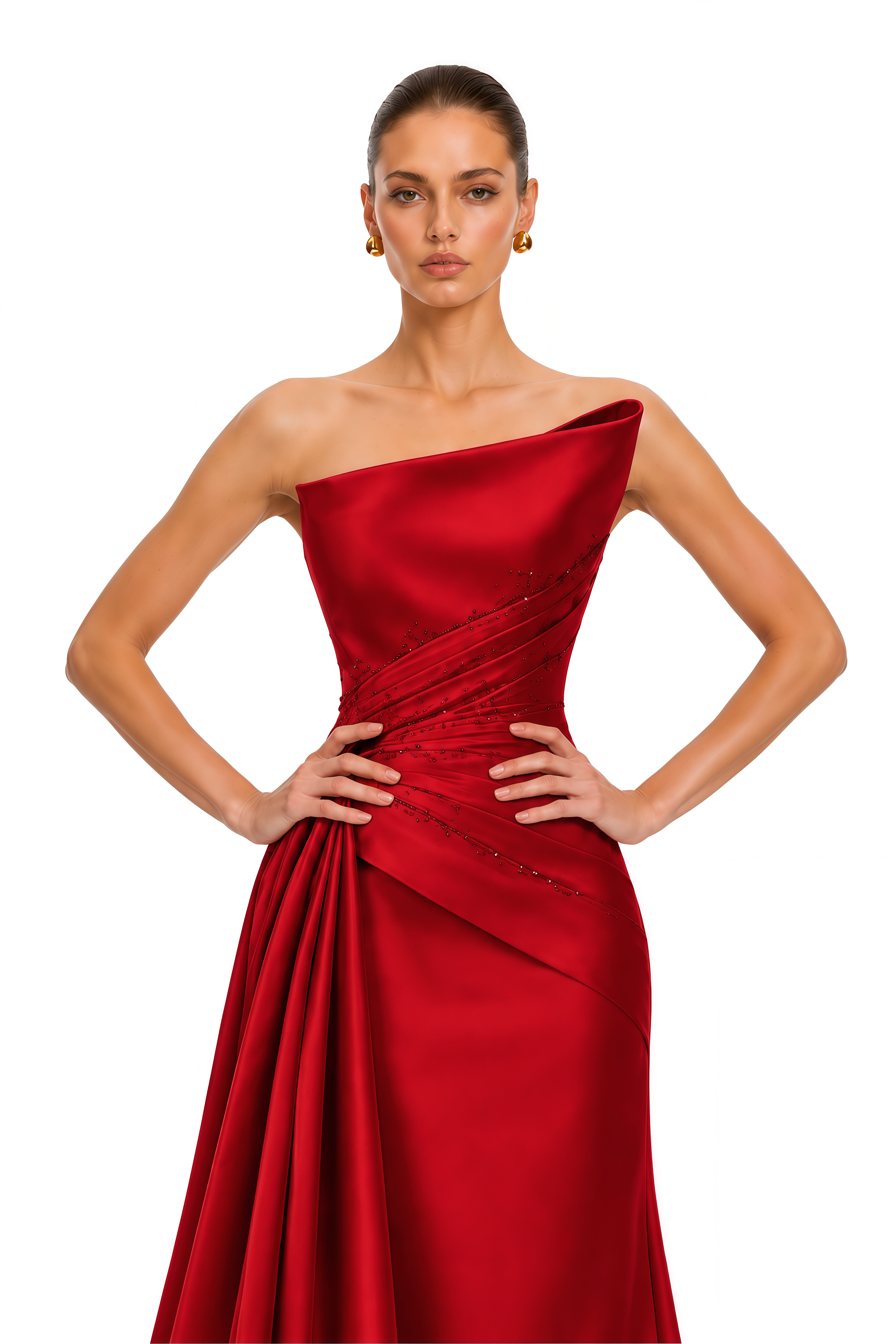 Severine Red Asymmetrical Draped Satin Maxi Dress