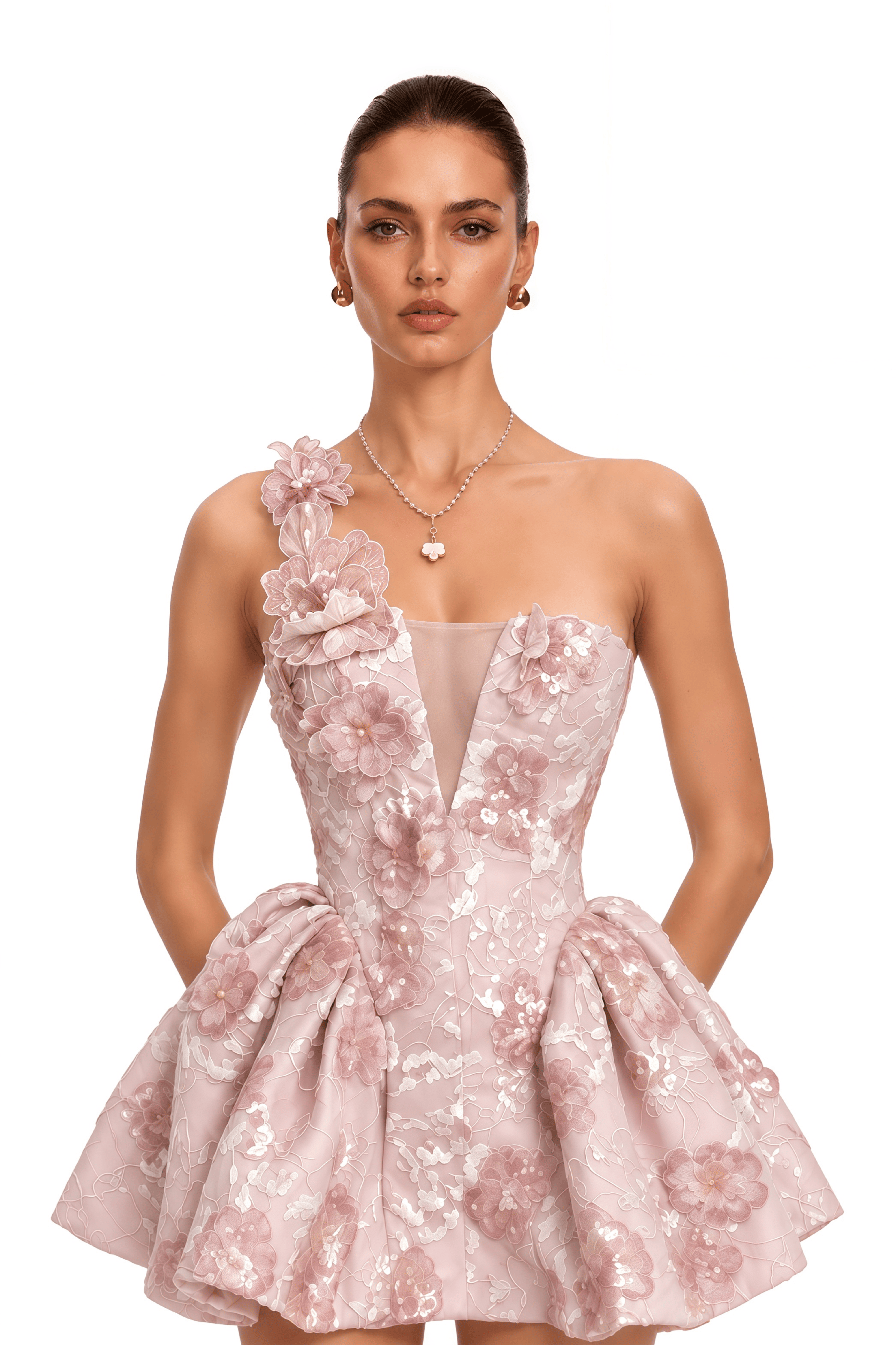 Shanice Pink 3D Floral Sequin One-Shoulder Mini Dress