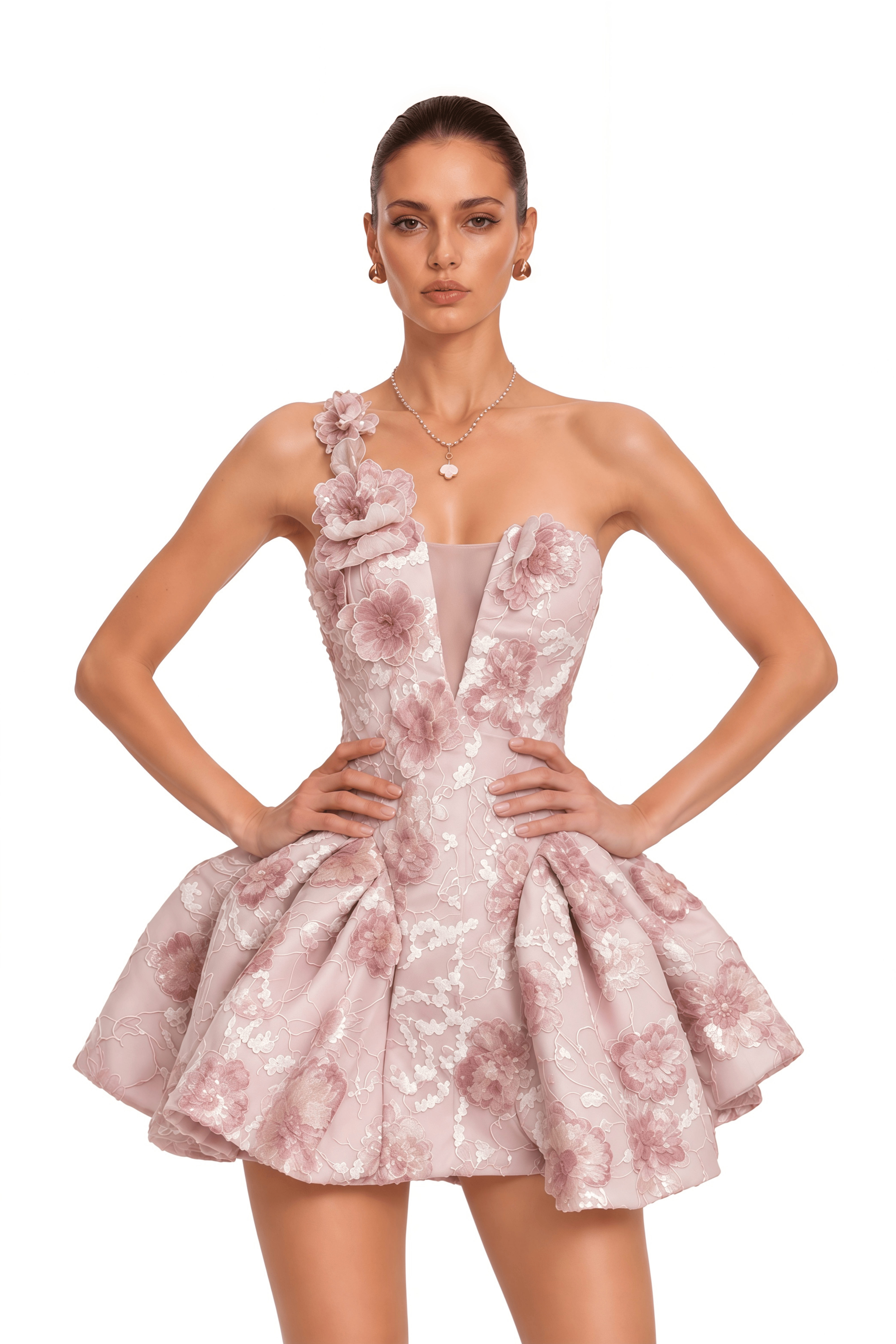Shanice Pink 3D Floral Sequin One-Shoulder Mini Dress