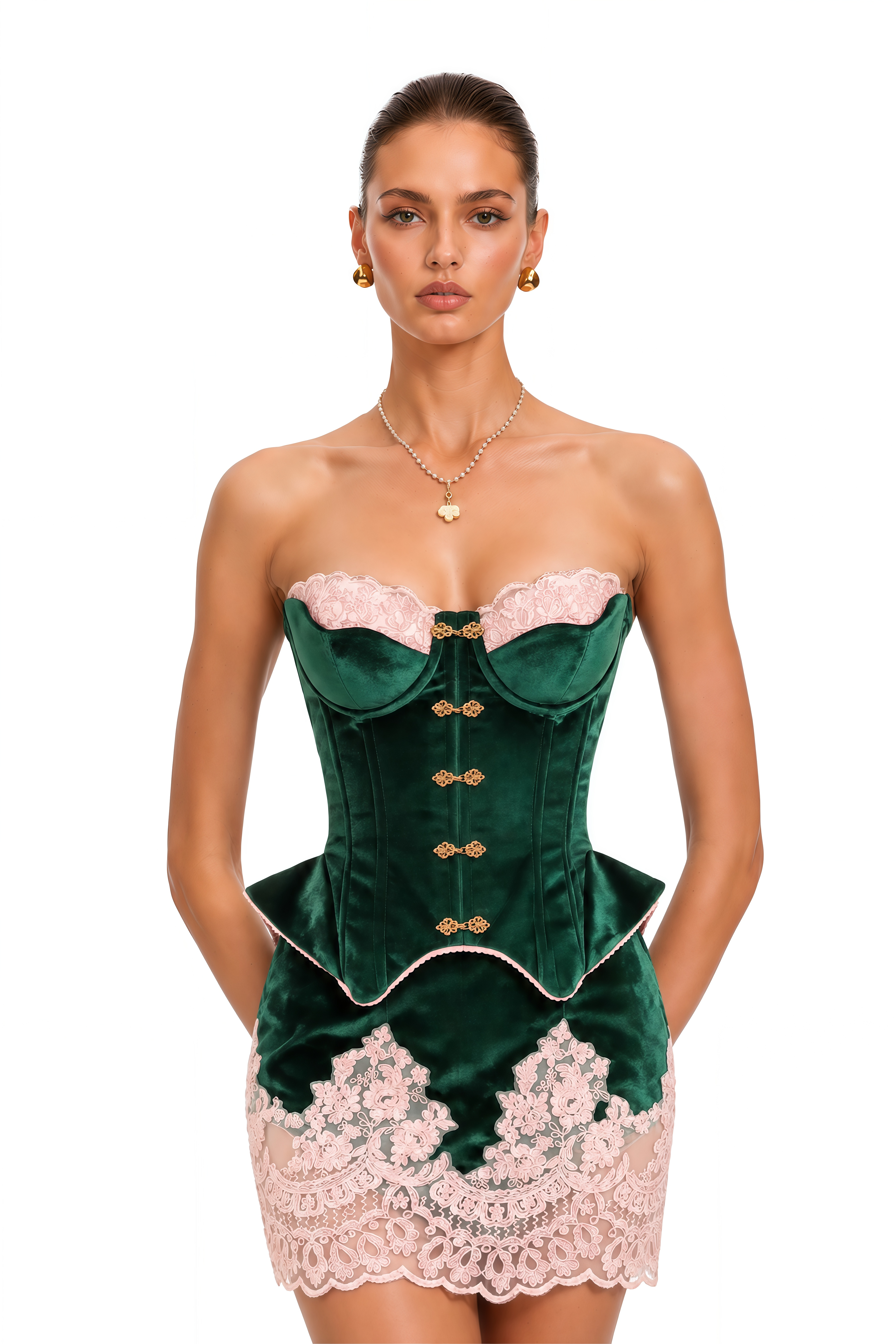 Sheindy Green Velvet Corset Top & Lace Mini Skirt Set