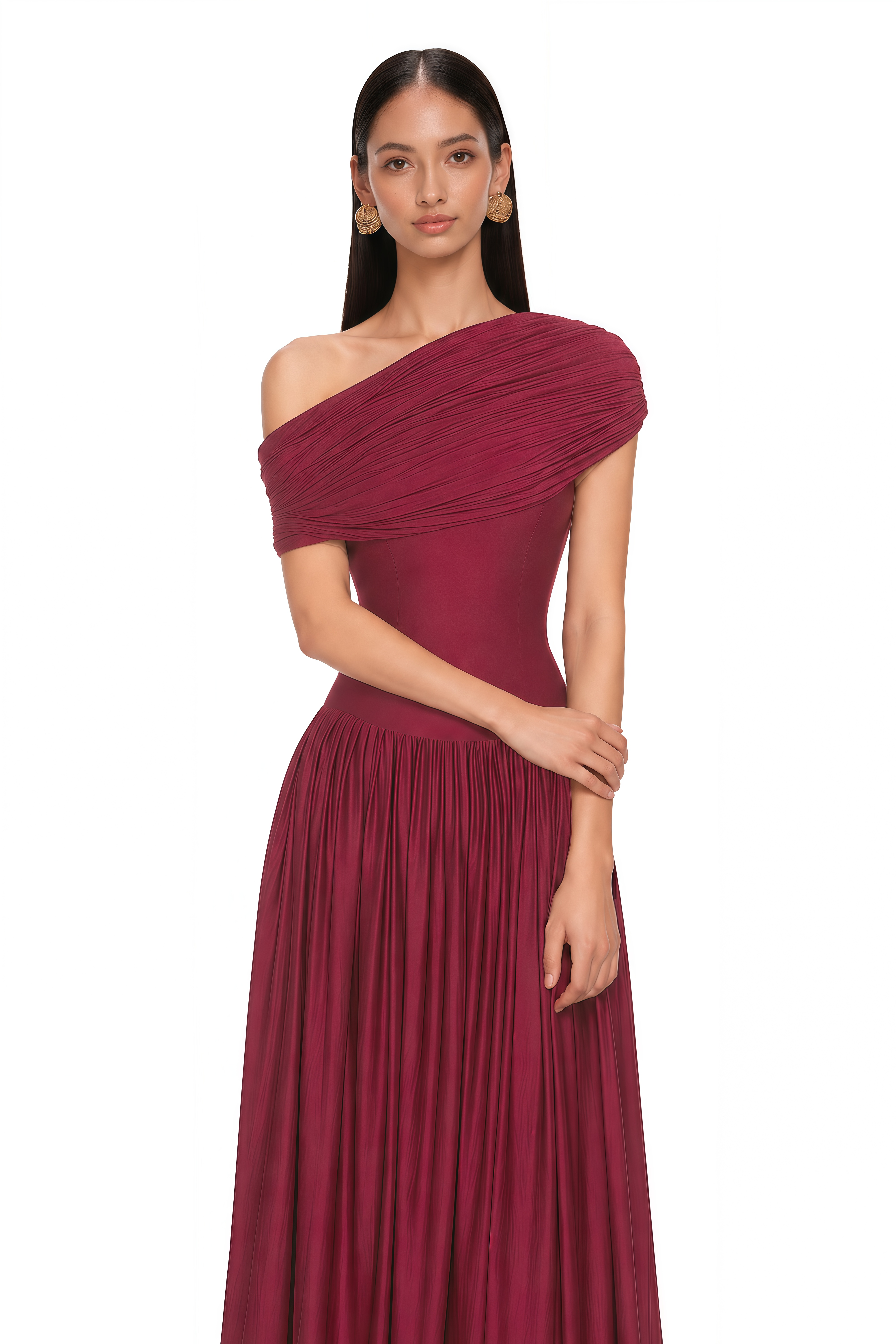 Sheryl Burgundy One Shoulder Draped Maxi Dress