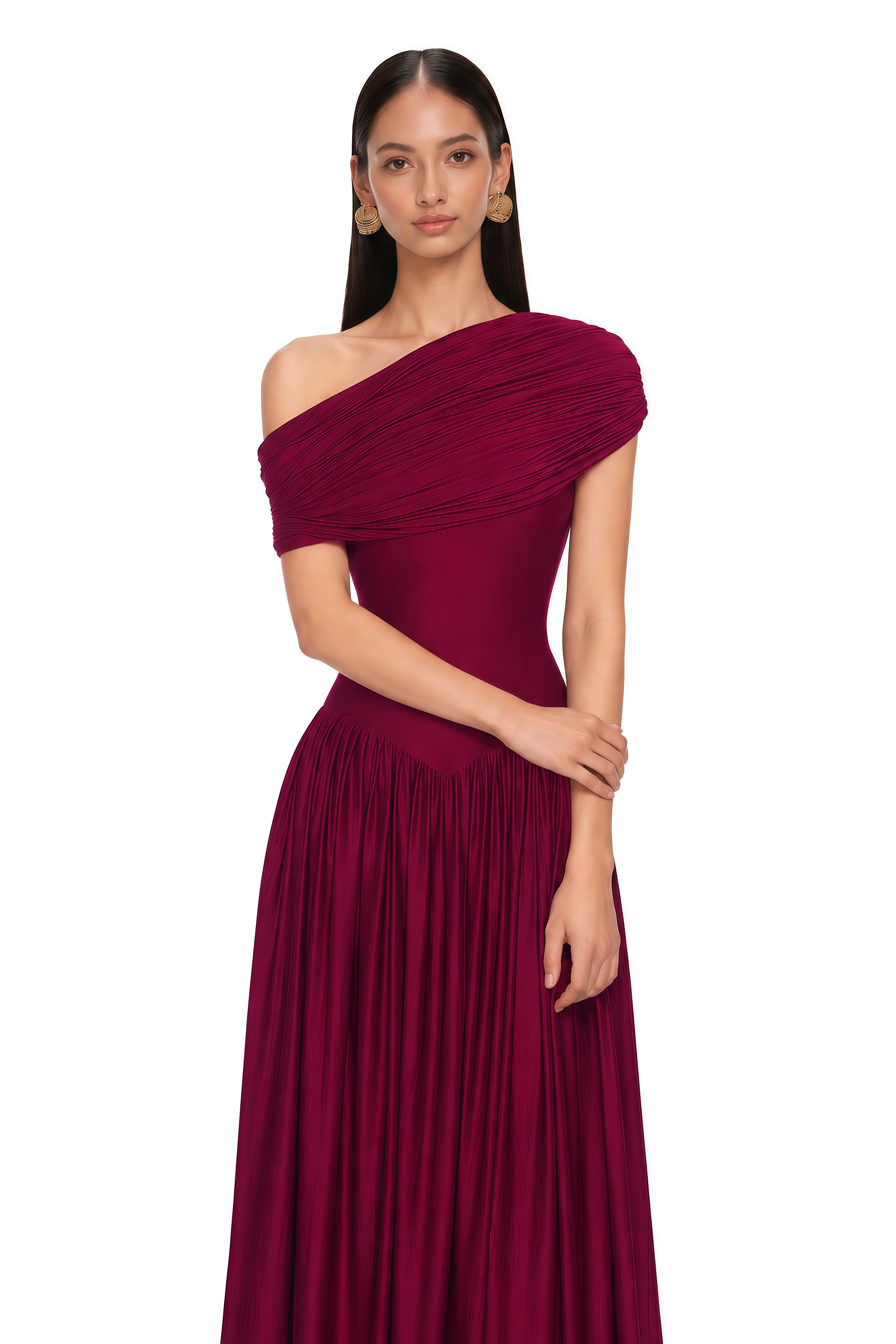Sheryl Burgundy One Shoulder Draped Maxi Dress