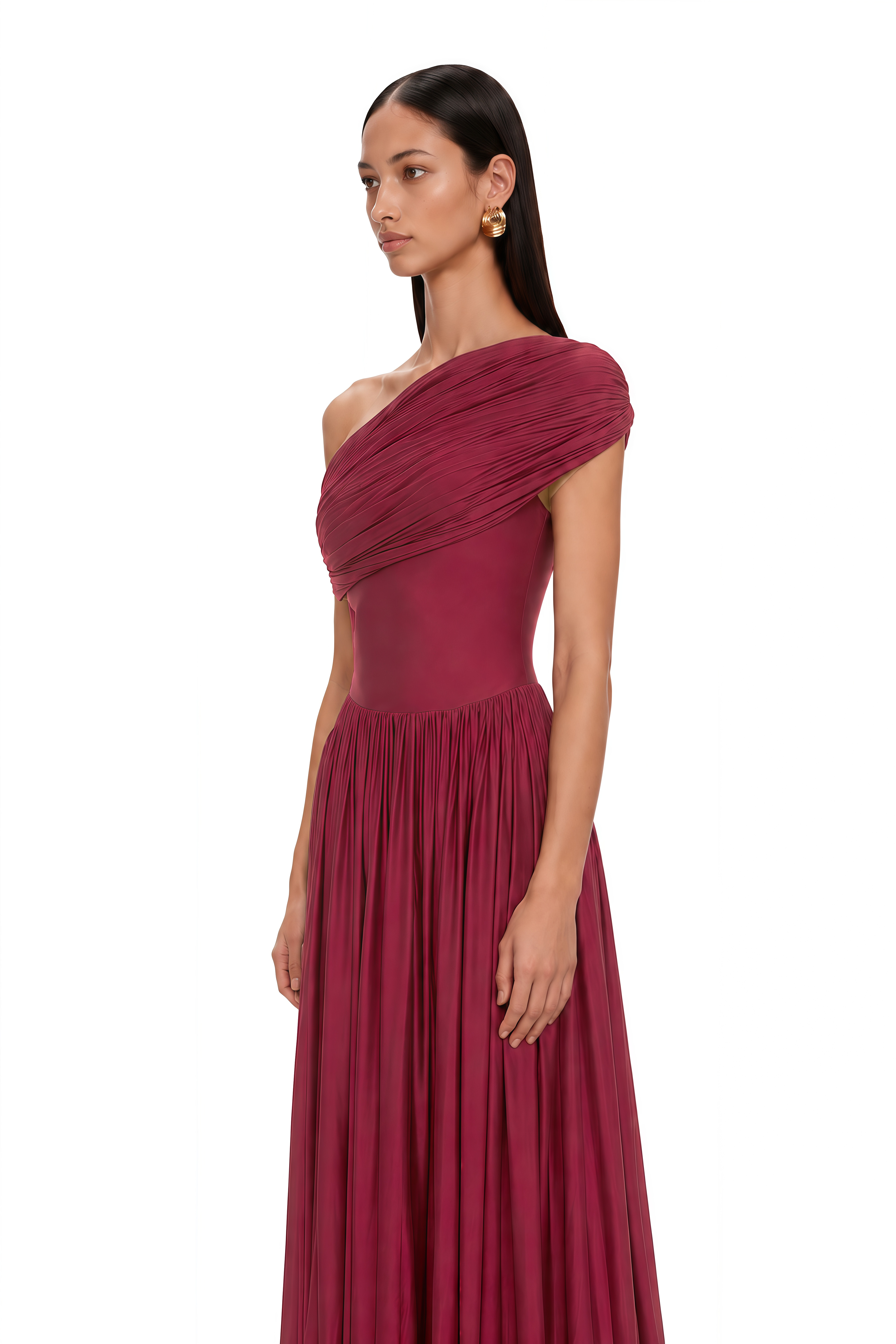Sheryl Burgundy One Shoulder Draped Maxi Dress