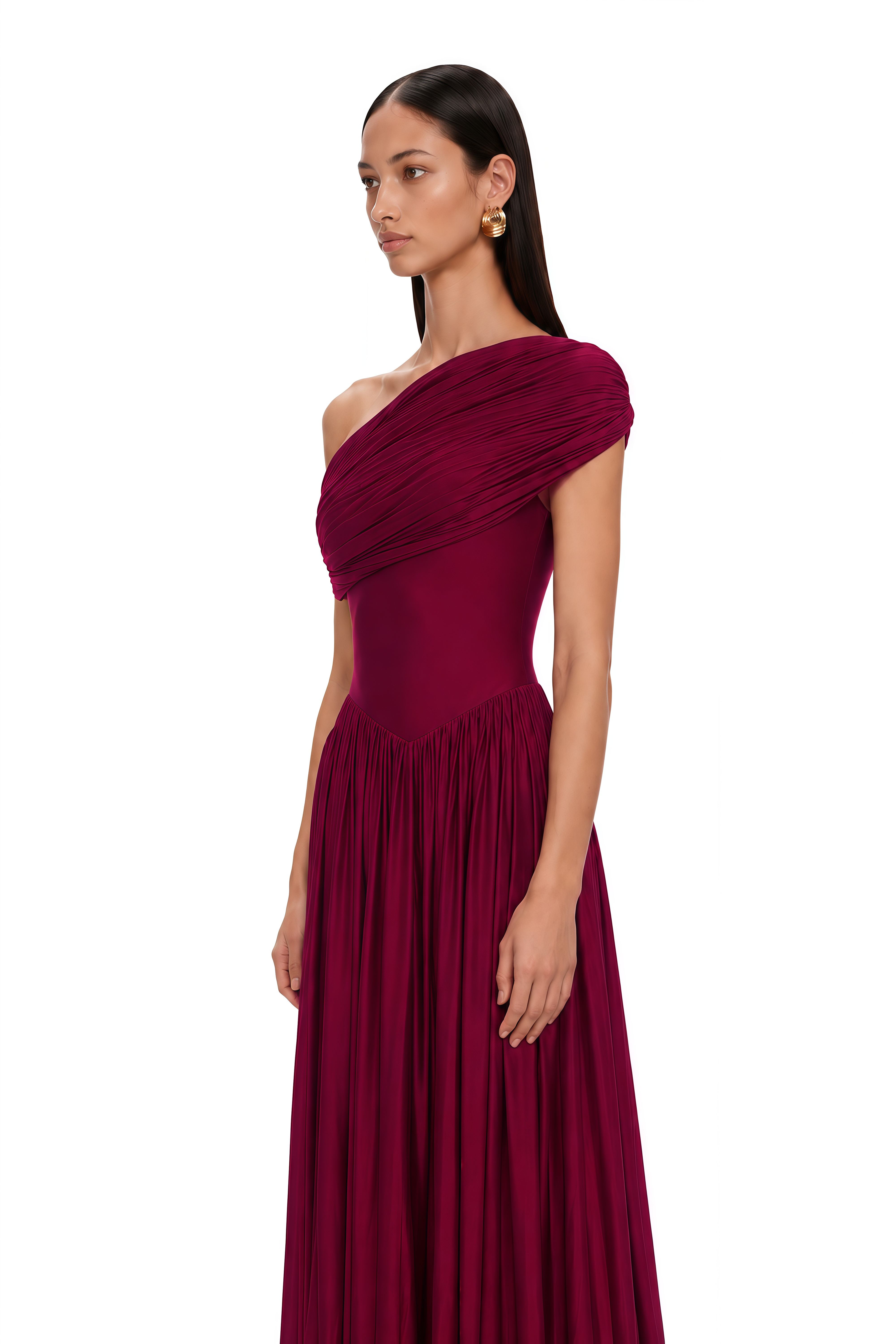 Sheryl Burgundy One Shoulder Draped Maxi Dress