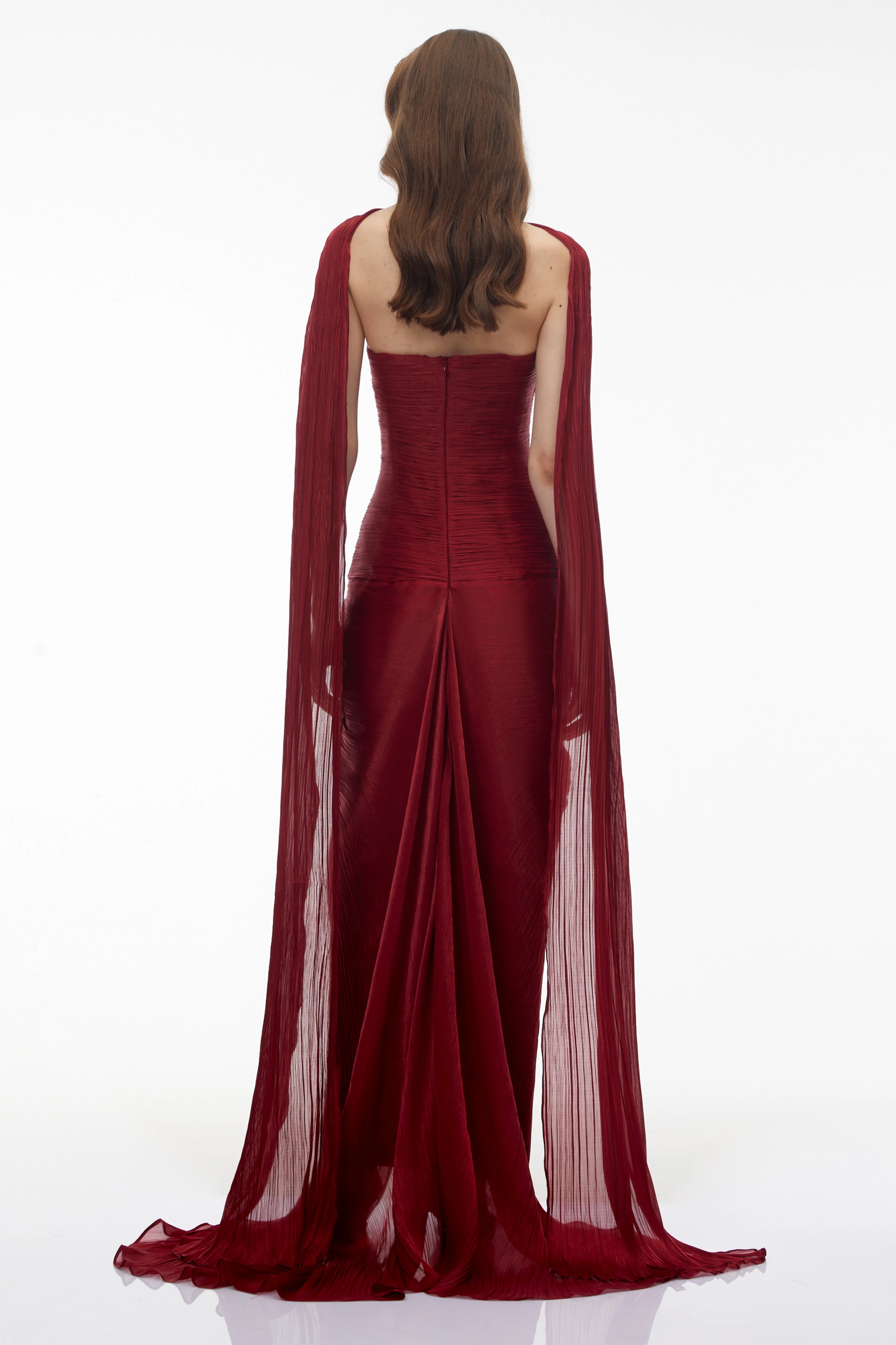 Burgundy Silk-Satin Gown & Asymmetrical Cape